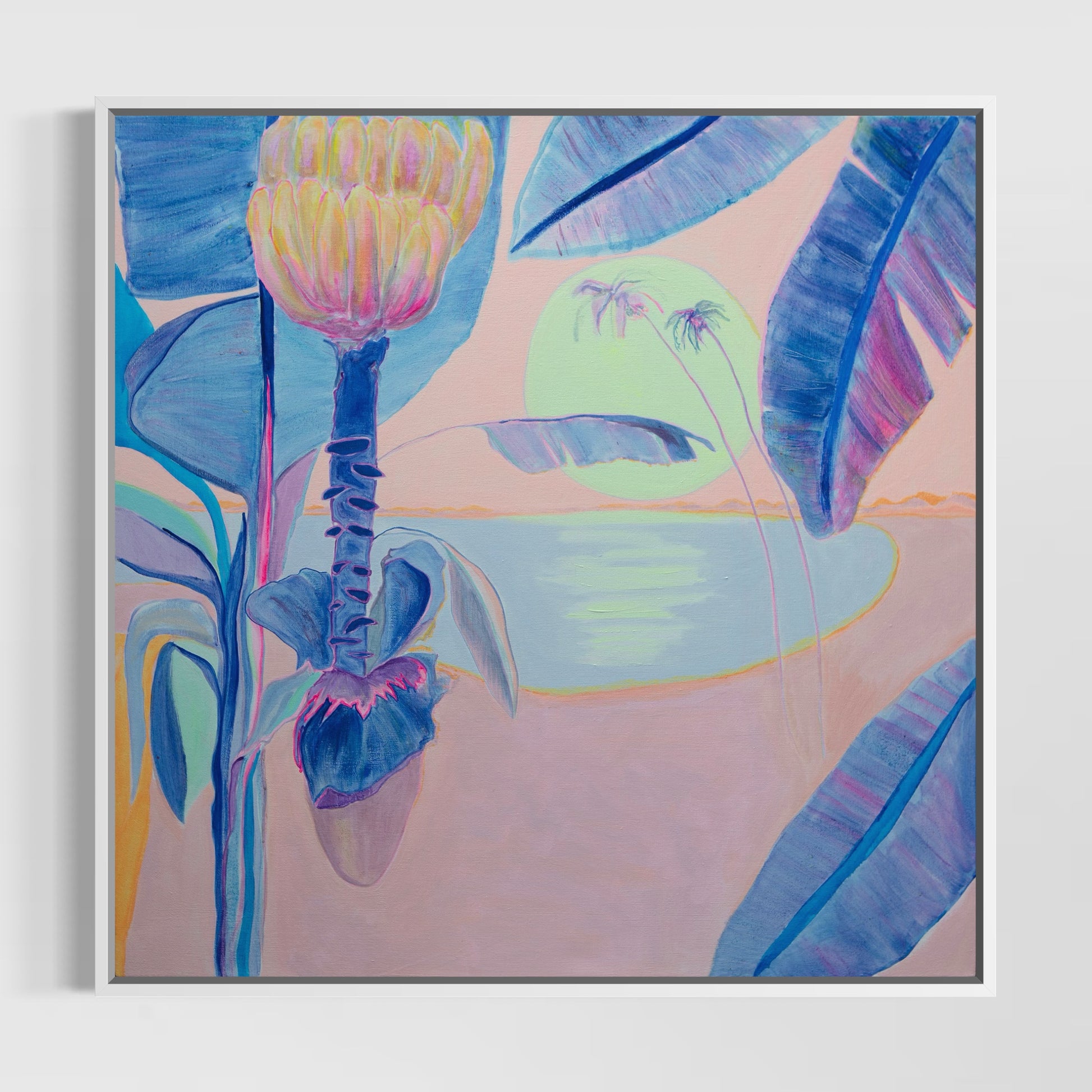 Colorful paper print titled 'Flourishing By Moonlight' by Kathryn Sillince Artist, showcasing vibrant floral and moonlit scene.