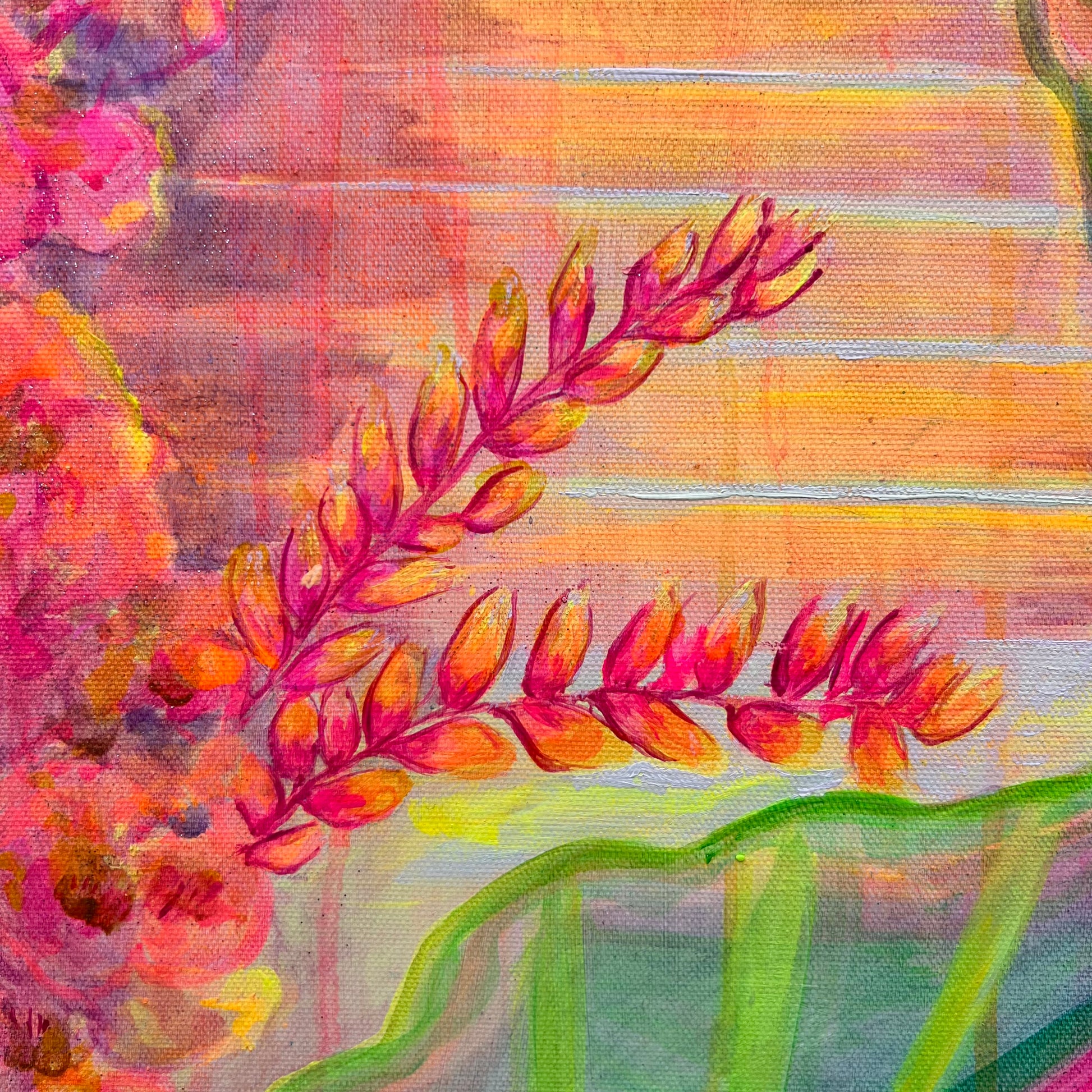 Colorful Twilight Tropics paper print by Kathryn Sillince Artist featuring vibrant tropical landscape artwork.