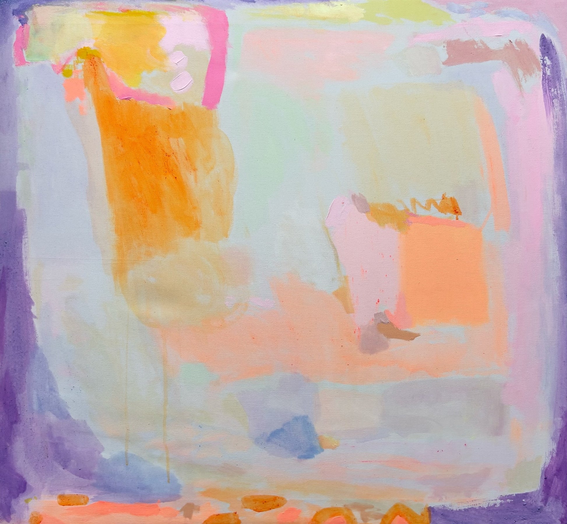 Orange and purple haze abstract art by Kathryn Sillince, 92cm x 92cm, vibrant and colorful wall decor.