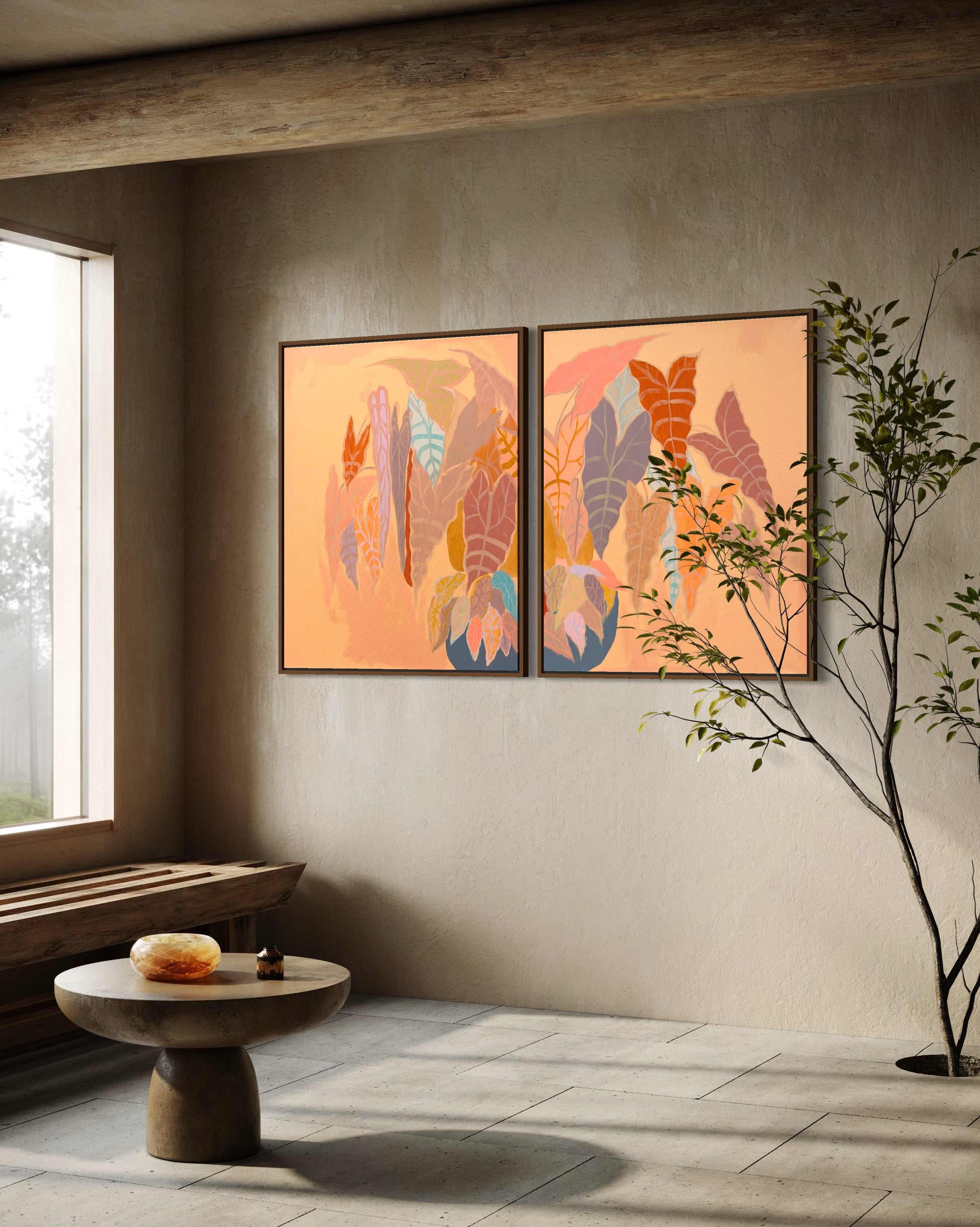Burnt coral Alocasia and Begonia diptych artwork by Kathryn Sillince, 83cm x 67cm, featuring vibrant botanical illustrations.