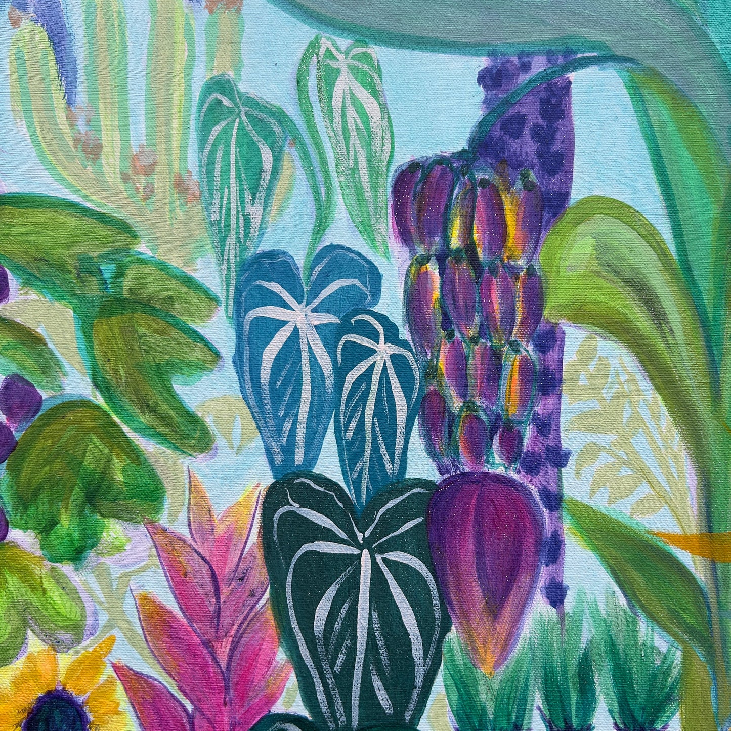 Kathryn Sillince Artist Paradise Gardens print, 122cm x 122cm, featuring vibrant floral and garden scene with lush greenery.