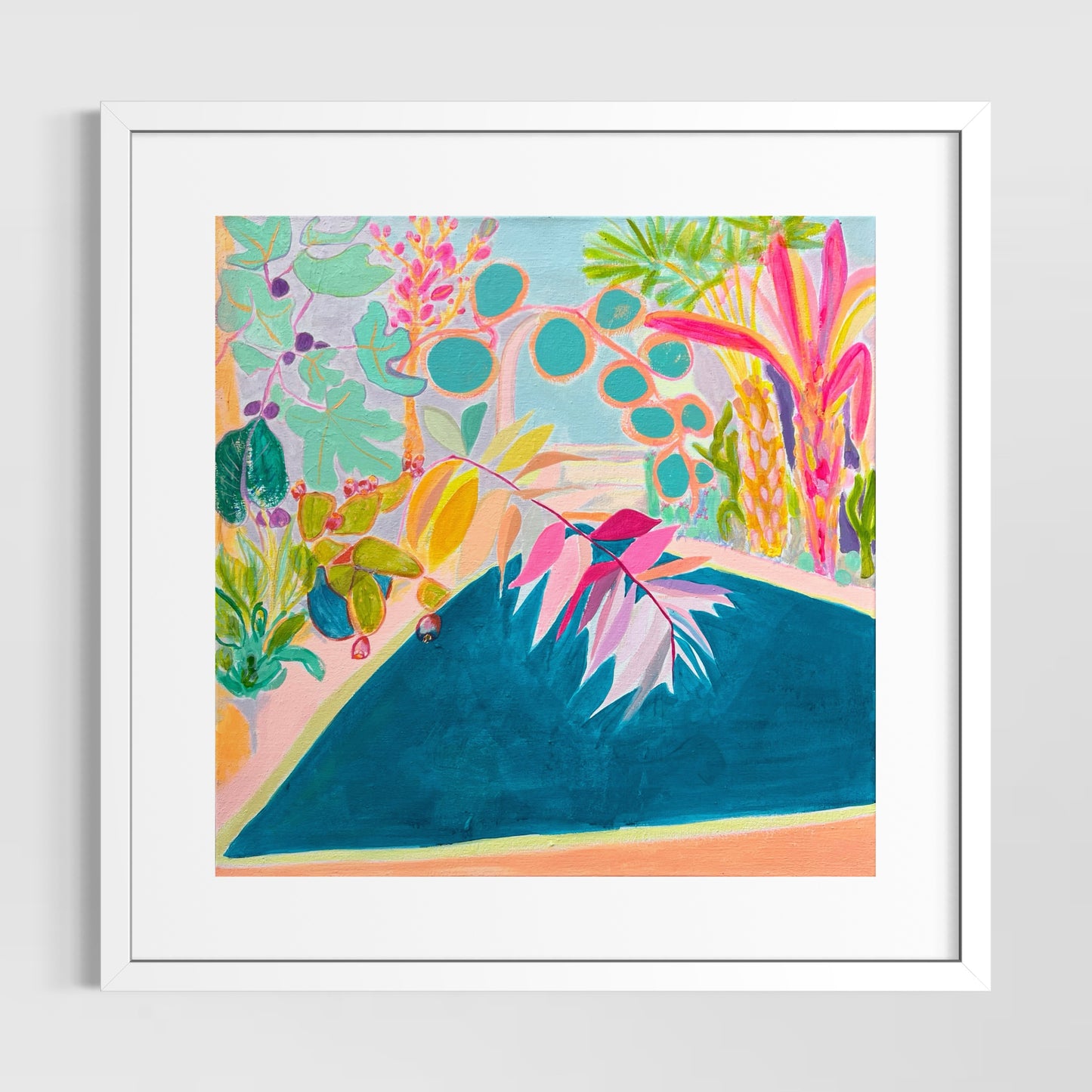 Colorful paper print titled "Endless Summer By The Pool" by Kathryn Sillince Artist, depicting a vibrant poolside scene.