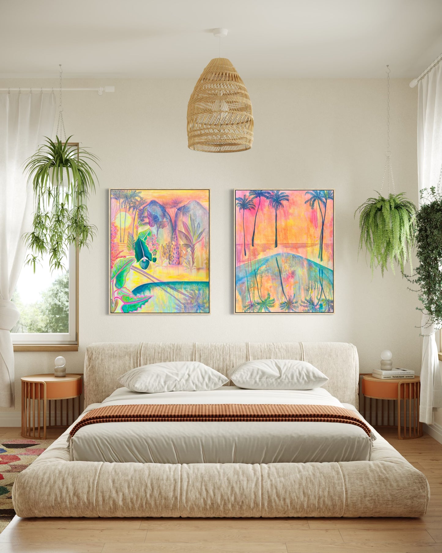 Set of botanical prints by Kathryn Sillince featuring 'Twilight Tropics' and 'Swaying Into Sunset' with vibrant tropical plant designs.