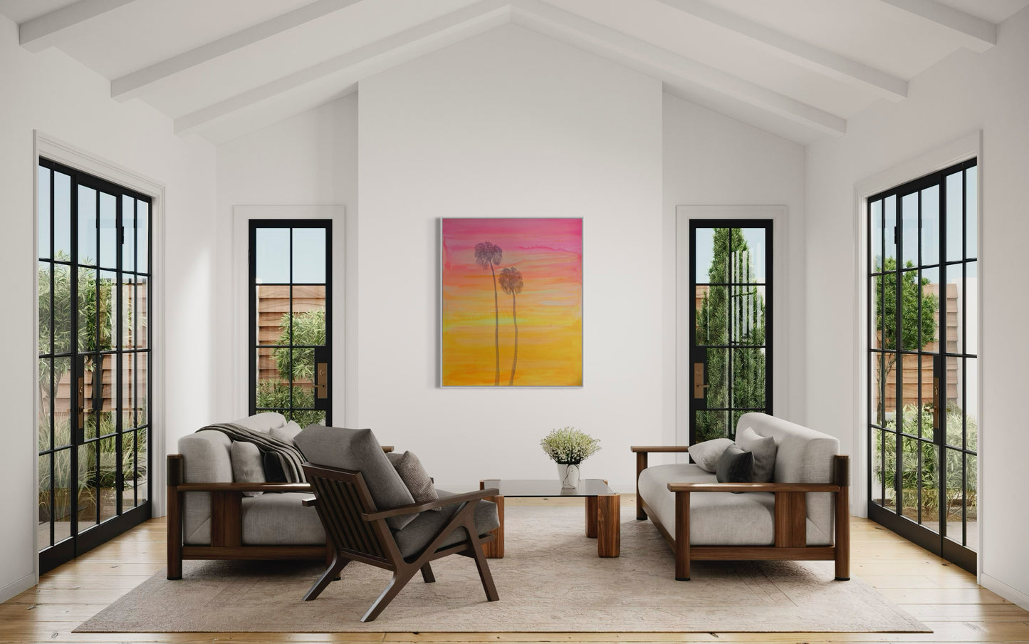 Printumo Breeze On The Boulevard canvas print featuring a vibrant urban street scene with colorful buildings and trees.