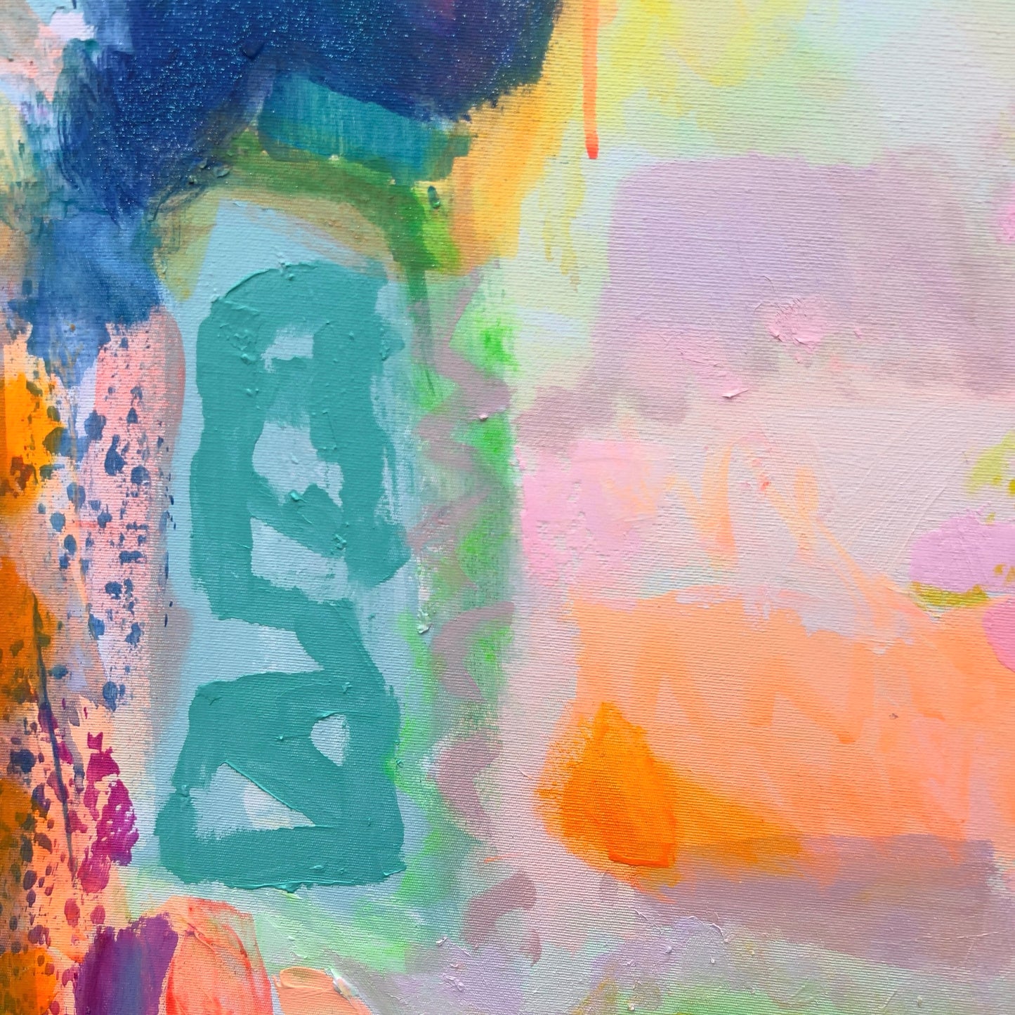 Close-up of the Kathryn Sillince Artist 'Ravishing' 80cm x 80cm abstract artwork with vibrant colors and textured brushstrokes.