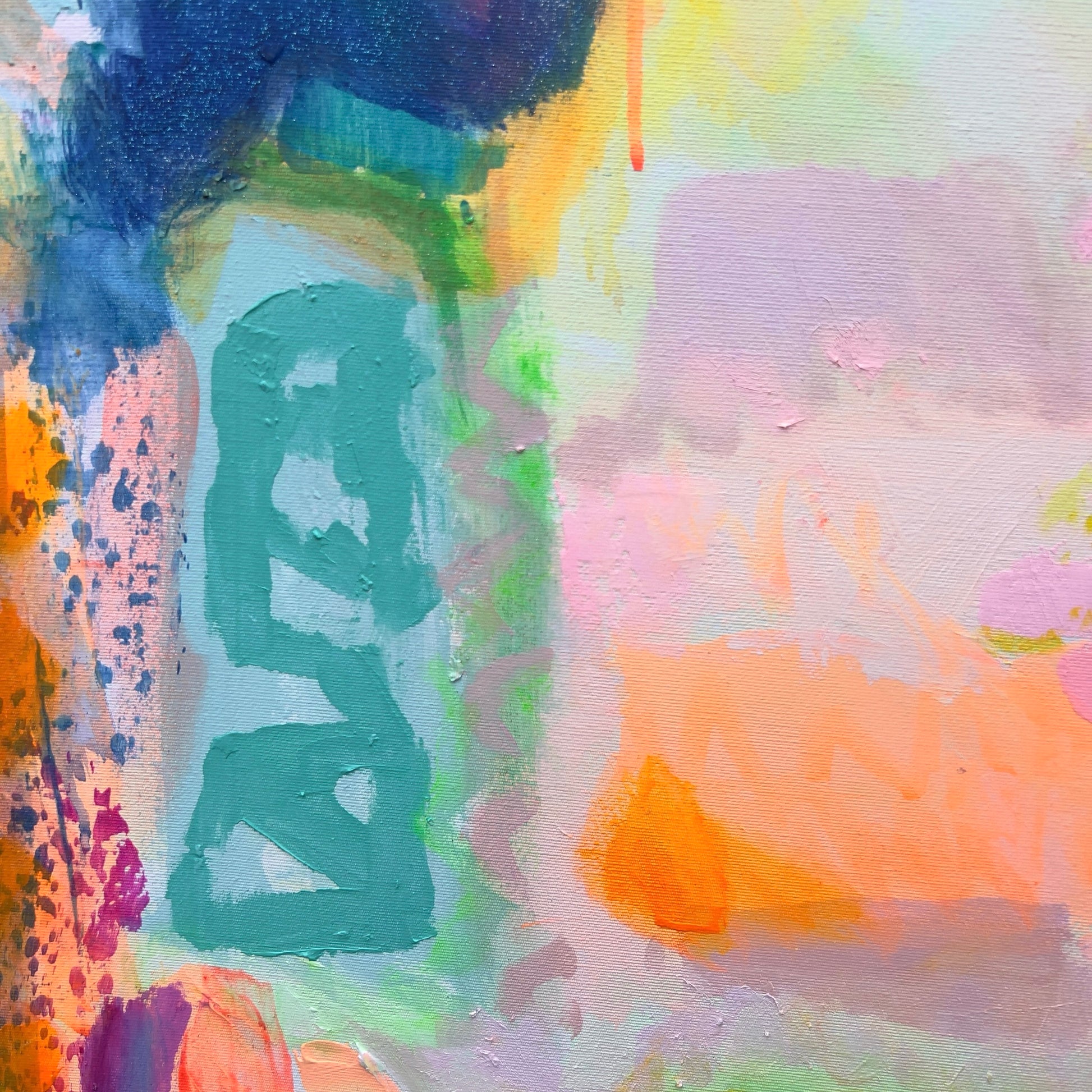 Close-up of the Kathryn Sillince Artist 'Ravishing' 80cm x 80cm abstract artwork with vibrant colors and textured brushstrokes.