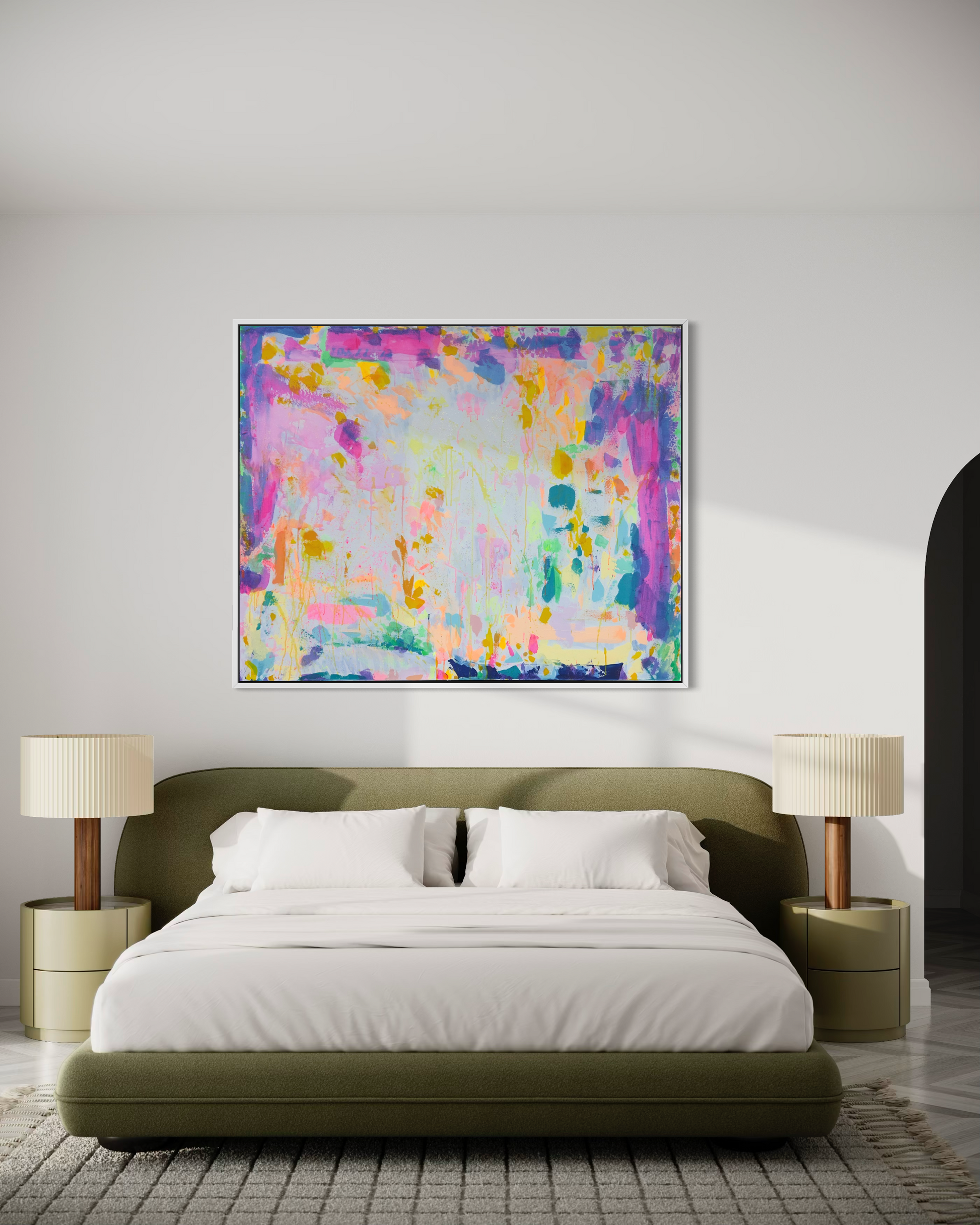 Large artwork titled "Eternal Optimism" by Kathryn Sillince, measuring 153cm by 123cm, featuring vibrant abstract colors and textures.