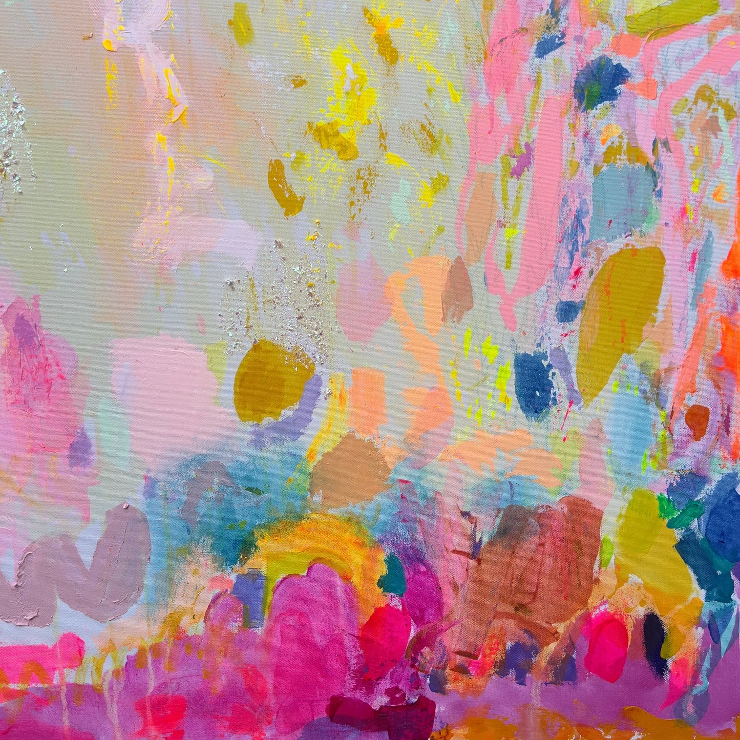 Close-up of Kathryn Sillince Artist's "The Time Of Our Lives" 122cm square artwork showing vibrant abstract brushstrokes and vivid colors.