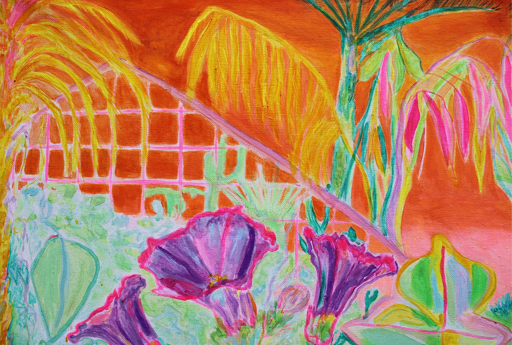 Close-up of Kathryn Sillince Artist's "Apocalyptic Fanfare" canvas print showing vibrant, detailed abstract artwork with fiery orange and dark tones.