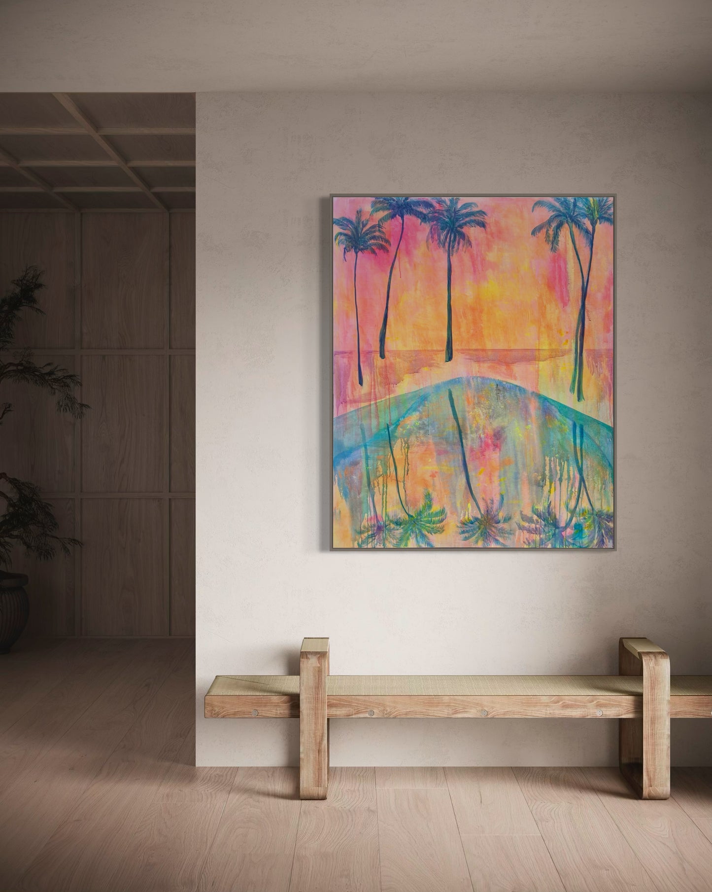 Canvas print titled "Swaying Into Sunset" by Printumo featuring a vibrant sunset scene with swaying silhouettes on textured canvas.