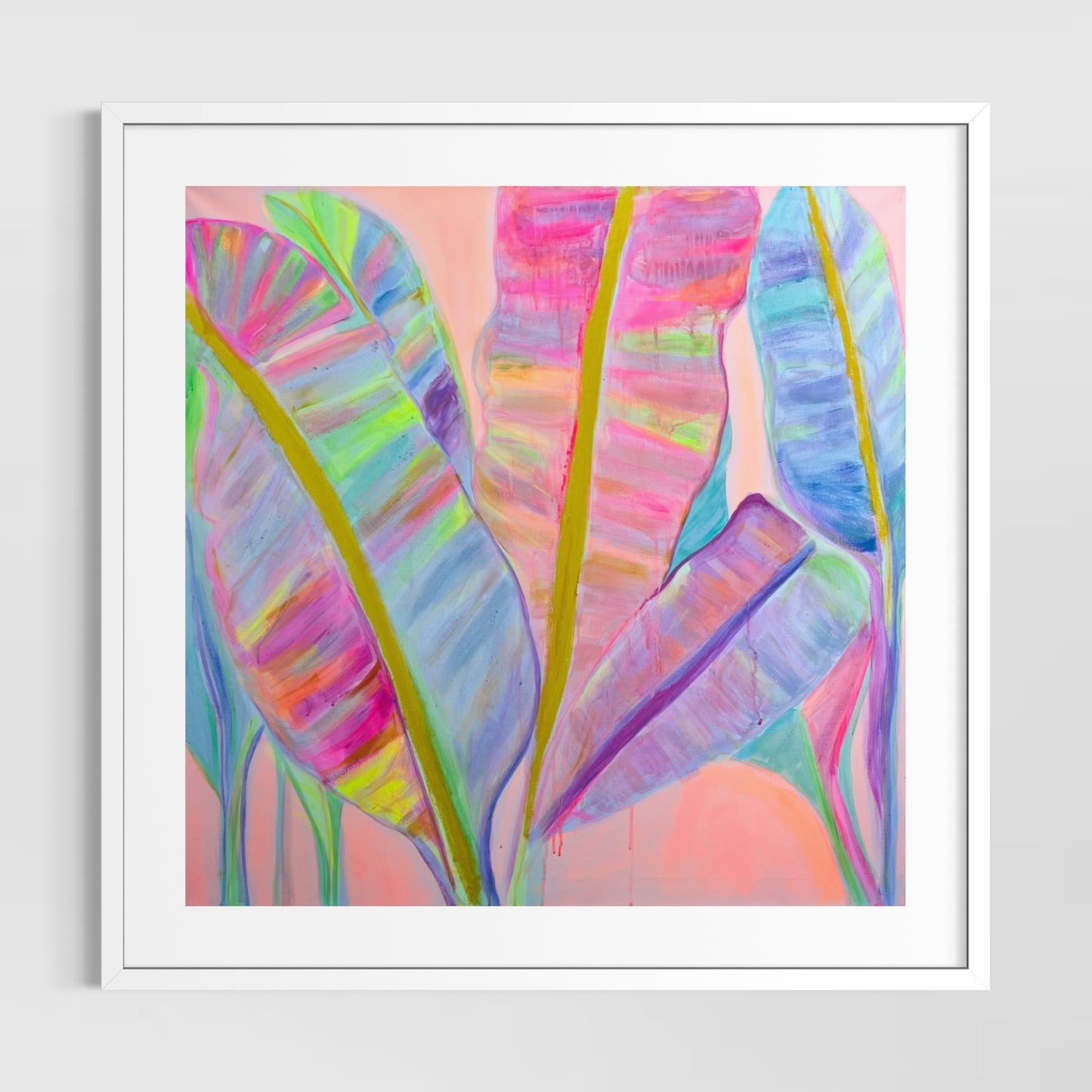 Colorful Rainbow Palm Leaves II paper print by Kathryn Sillince Artist featuring vibrant tropical leaf illustrations.
