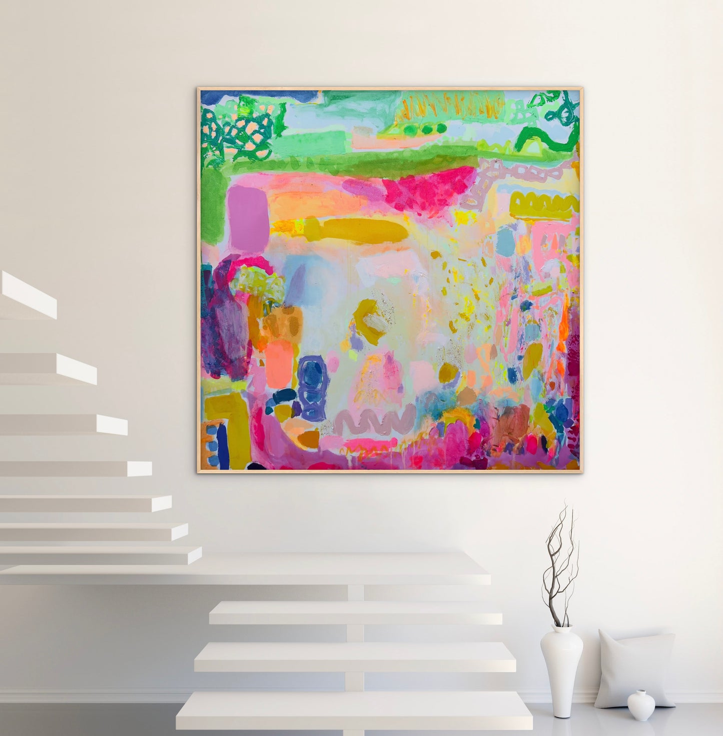 Kathryn Sillince Artist's 122cm x 122cm artwork titled 'The Time Of Our Lives' displayed in a gallery setting.
