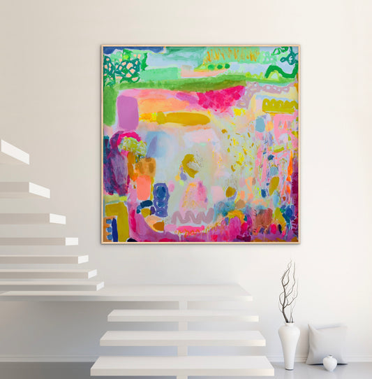 Kathryn Sillince Artist's 122cm x 122cm artwork titled 'The Time Of Our Lives' displayed in a gallery setting.