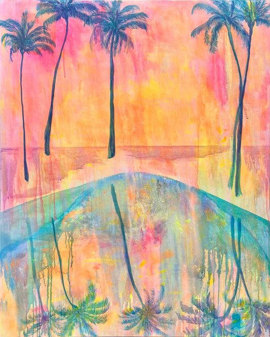 Swaying Into Sunset paper print by Kathryn Sillince Artist featuring vibrant sunset colors and abstract plant silhouettes.