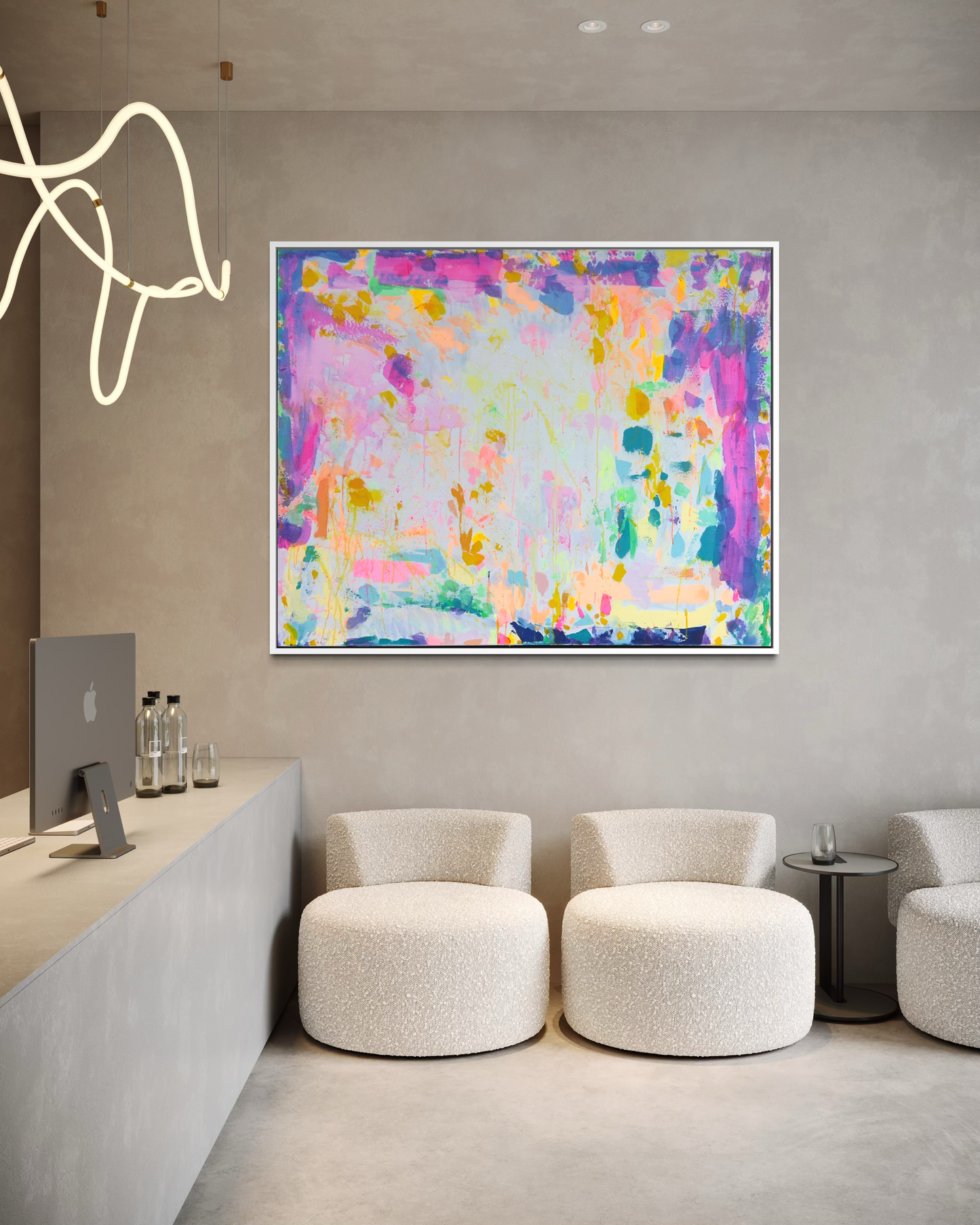Large Kathryn Sillince artist painting titled “Eternal Optimism,” measuring 153cm by 123cm, featuring vibrant, uplifting abstract art.
