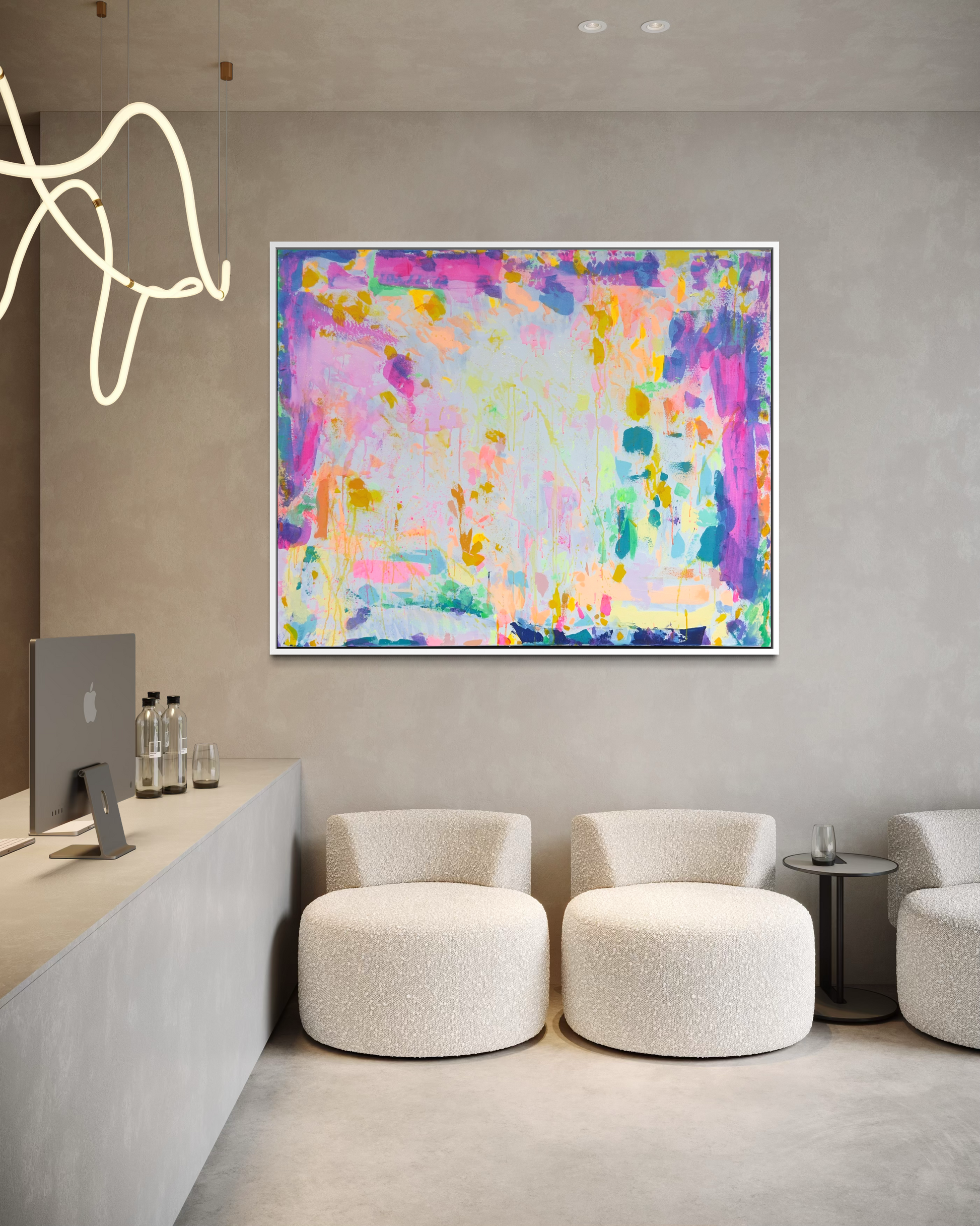 Large Kathryn Sillince artist painting titled “Eternal Optimism,” measuring 153cm by 123cm, featuring vibrant, uplifting abstract art.