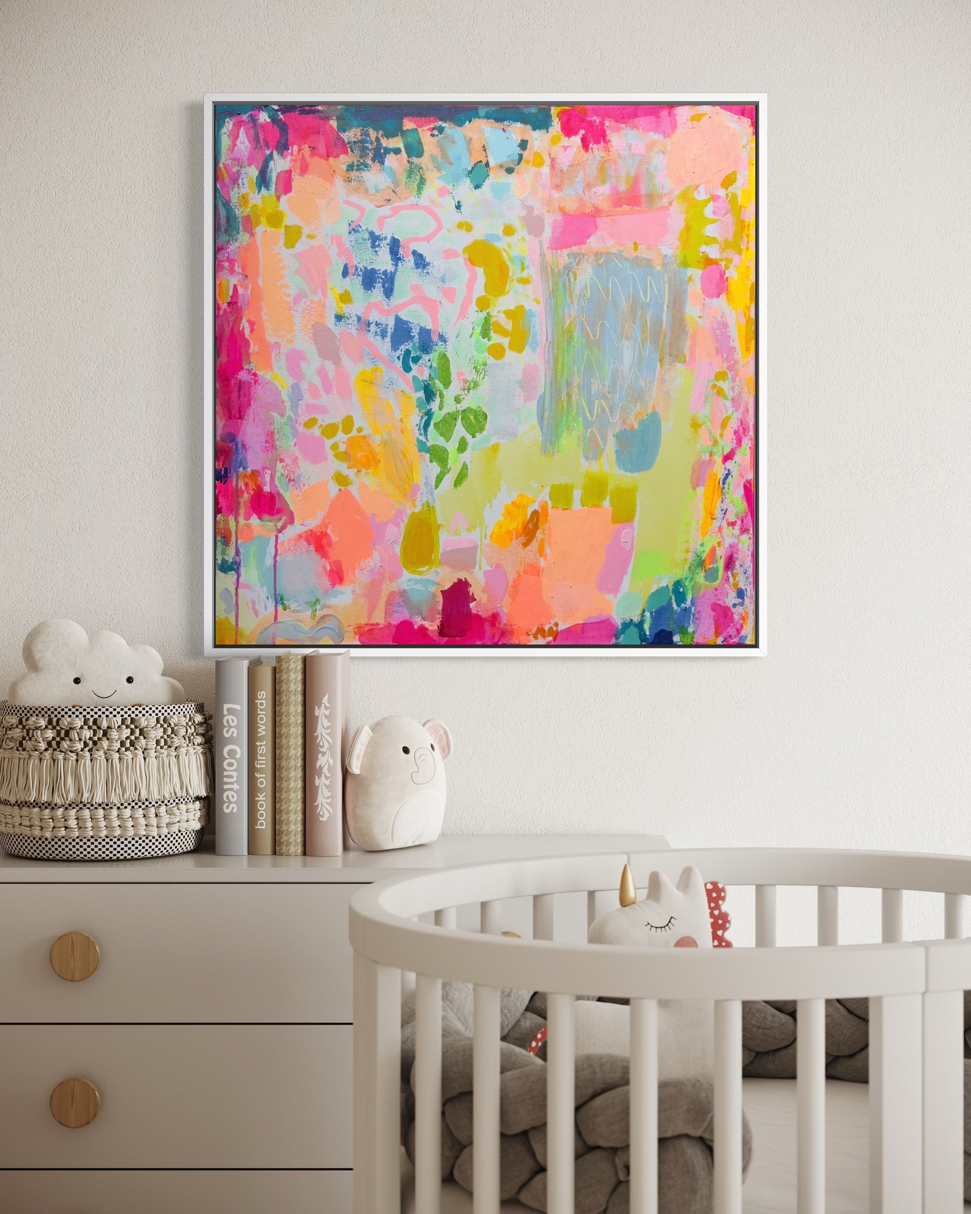 Leopards CAN Change Their Spots artwork by Kathryn Sillince, 90cm x 90cm, featuring a vibrant leopard print design.
