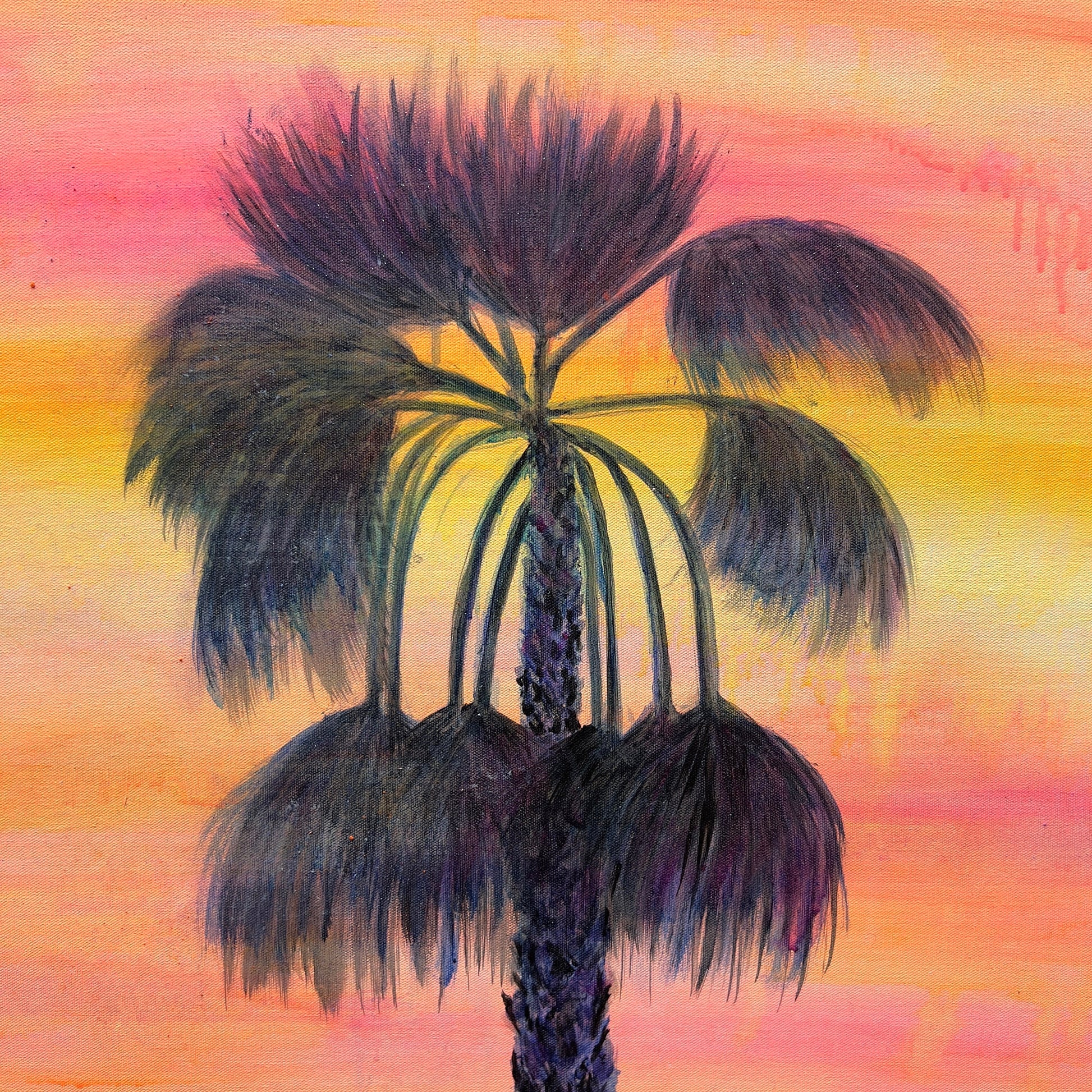 Sunset Solitude artwork by Kathryn Sillince, 66cm x 81cm, vibrant landscape painting featuring warm sunset colors and tranquil scenery.