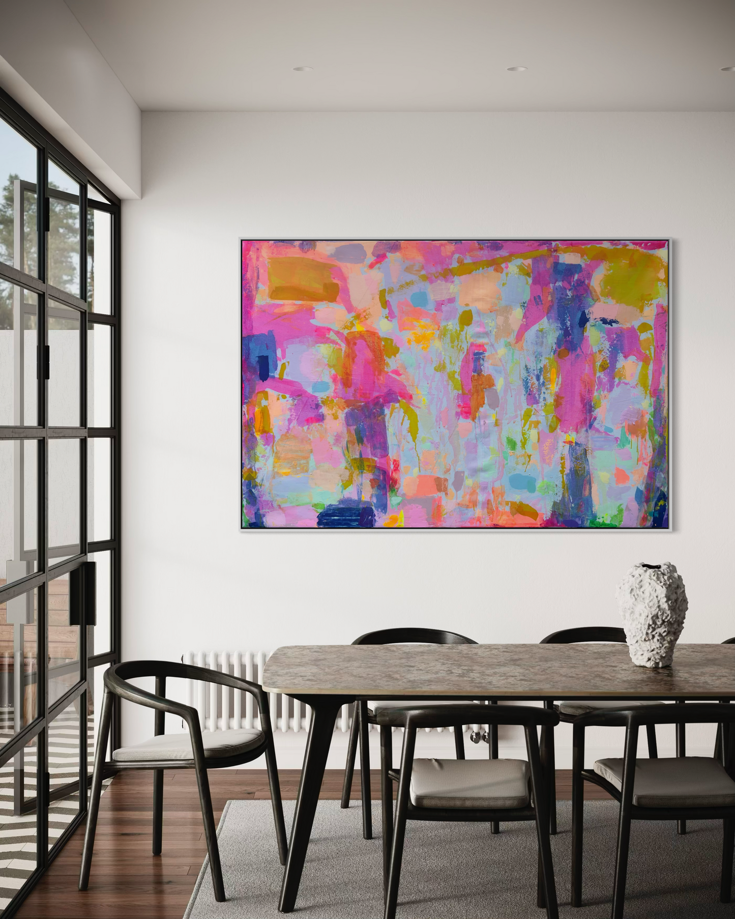 Colorful abstract art titled "Everyday Happiness" by Kathryn Sillince, featuring vibrant brushstrokes on a 153cm x 103cm canvas.