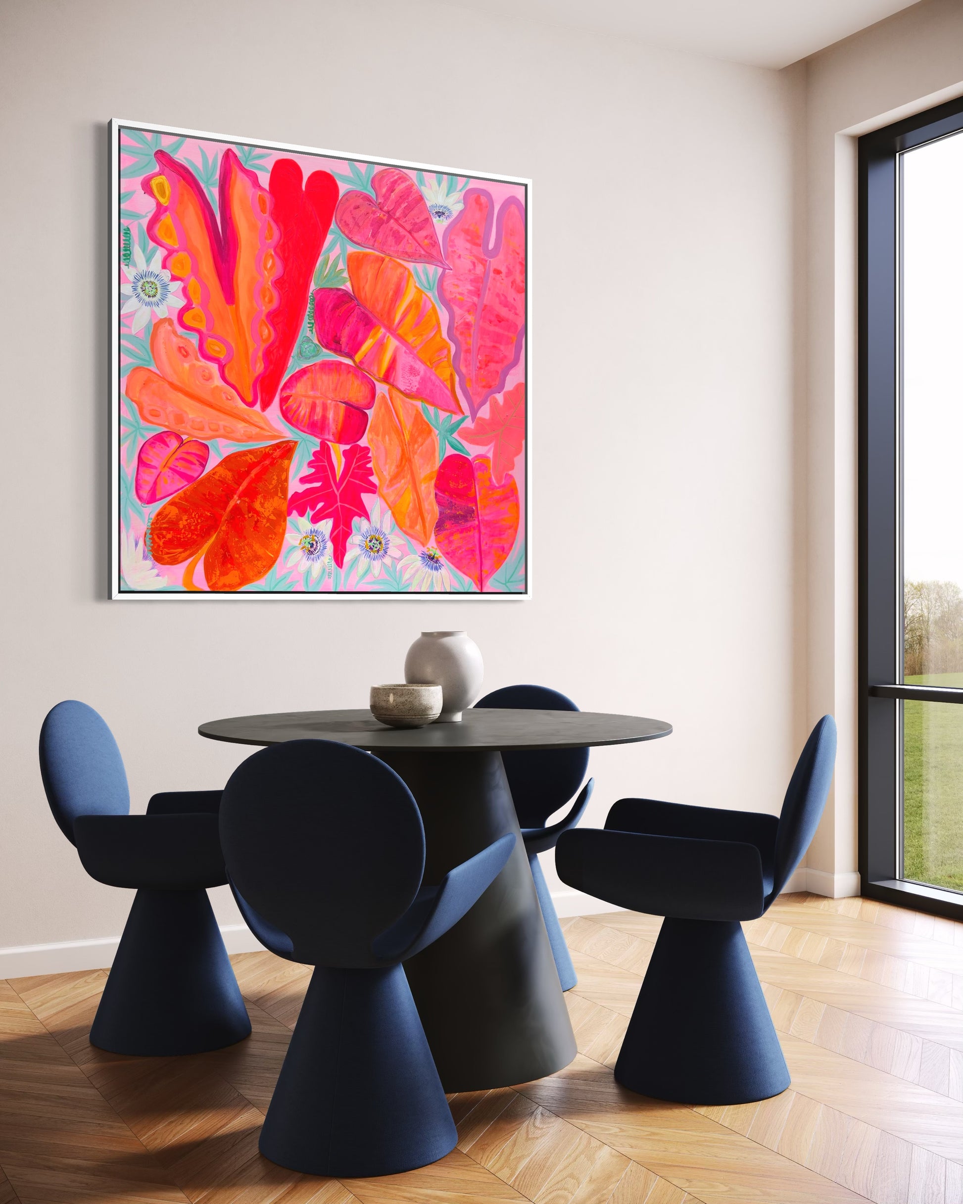 Kathryn Sillince Artist's 'Better Together' 102cm x 102cm abstract art print with vibrant colors and textured details.