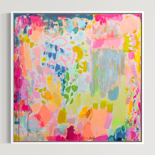 Square art print by Kathryn Sillince featuring a leopard with changing spots, 90cm x 90cm, vibrant wildlife illustration.