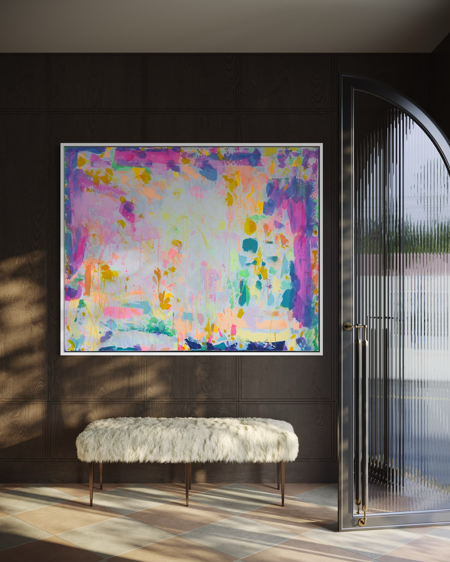 Large Kathryn Sillince Artist ‘Eternal Optimism’ artwork, 153cm x 123cm, featuring vibrant abstract colors and flowing shapes.