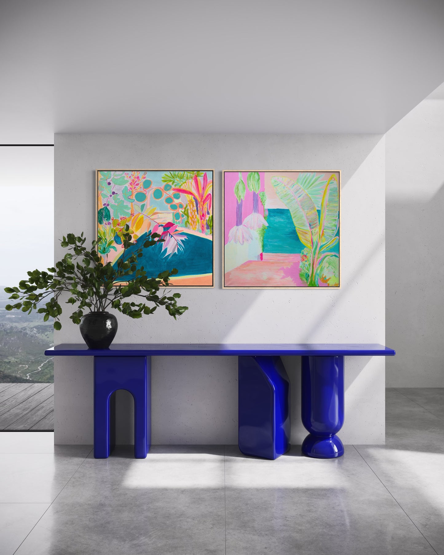 Botanical print set by Kathryn Sillince featuring 'Endless Summer By The Pool' and 'Vacation Anticipation' artwork images.
