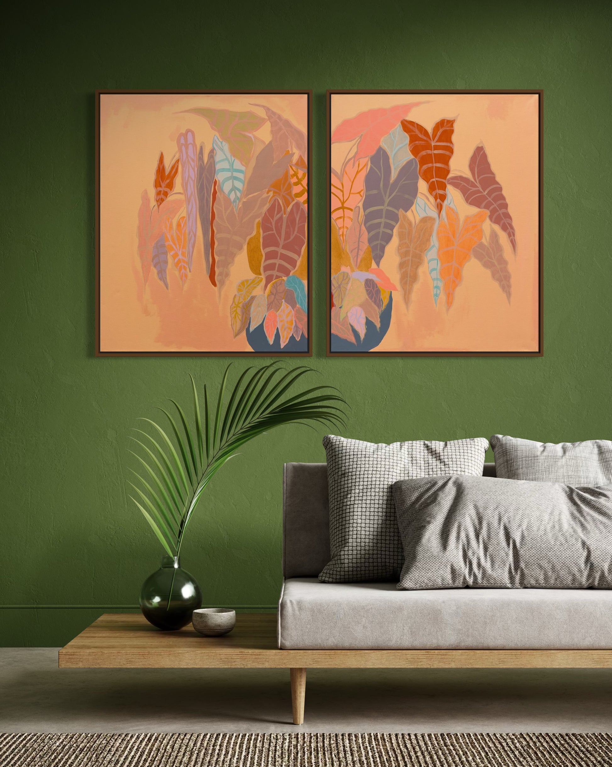 Burnt coral Alocasia and Begonia diptych artwork by Kathryn Sillince, 83cm x 67cm, featuring vibrant botanical illustrations.