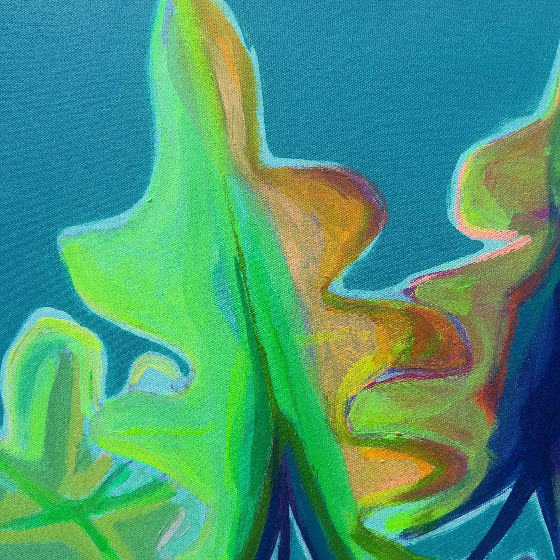 Kathryn Sillince artist turquoise and emerald Alocasia study painting, 66cm x 71cm, vibrant botanical artwork on canvas