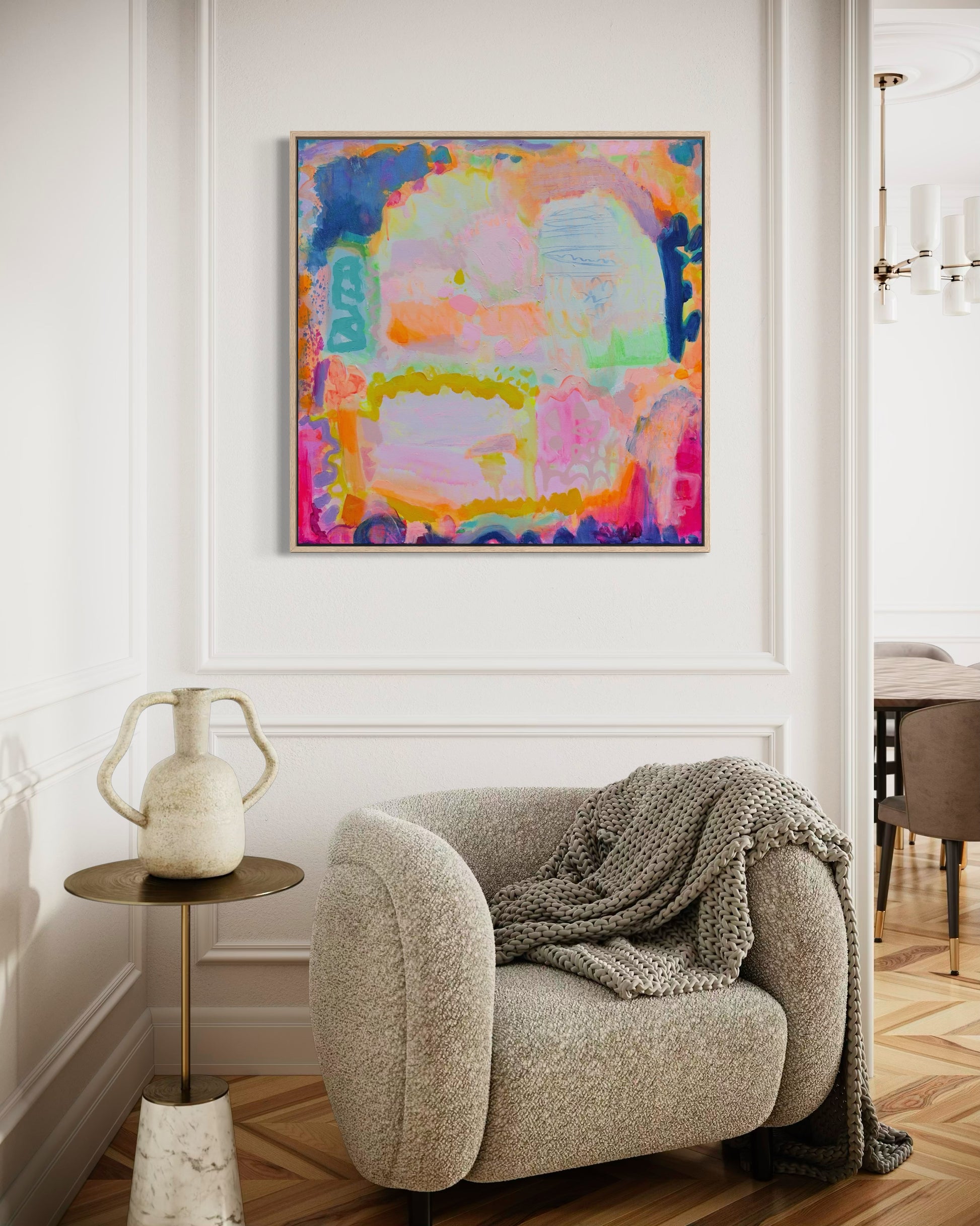 Kathryn Sillince Artist 'Ravishing' 80cm x 80cm abstract wall art with vibrant colors and textured brushstrokes.