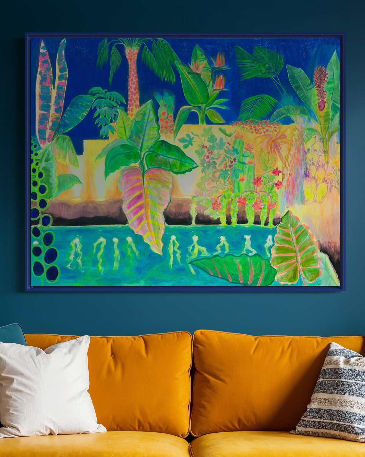 Nightfall Glowpool paper print by Kathryn Sillince Artist, featuring a serene nighttime scene with glowing water and lush landscape.