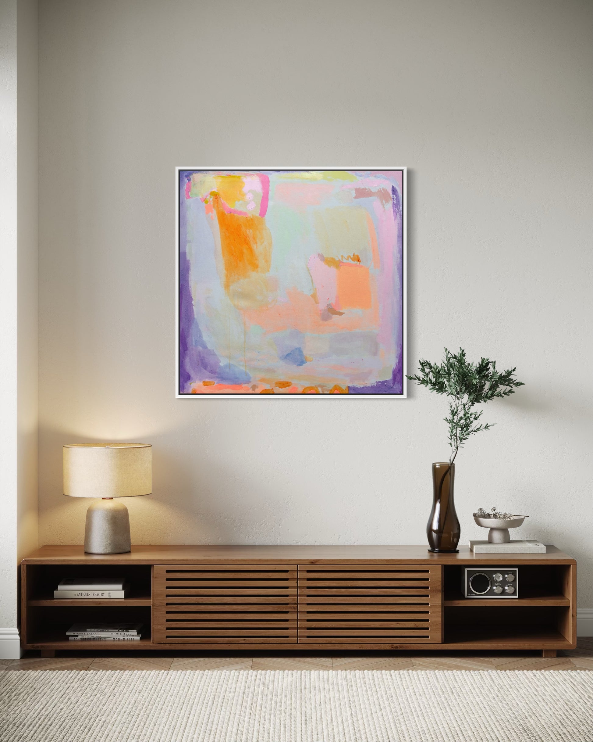 Abstract orange and purple haze artwork by Kathryn Sillince, 92cm x 92cm, featuring vibrant colors and textured brushstrokes.
