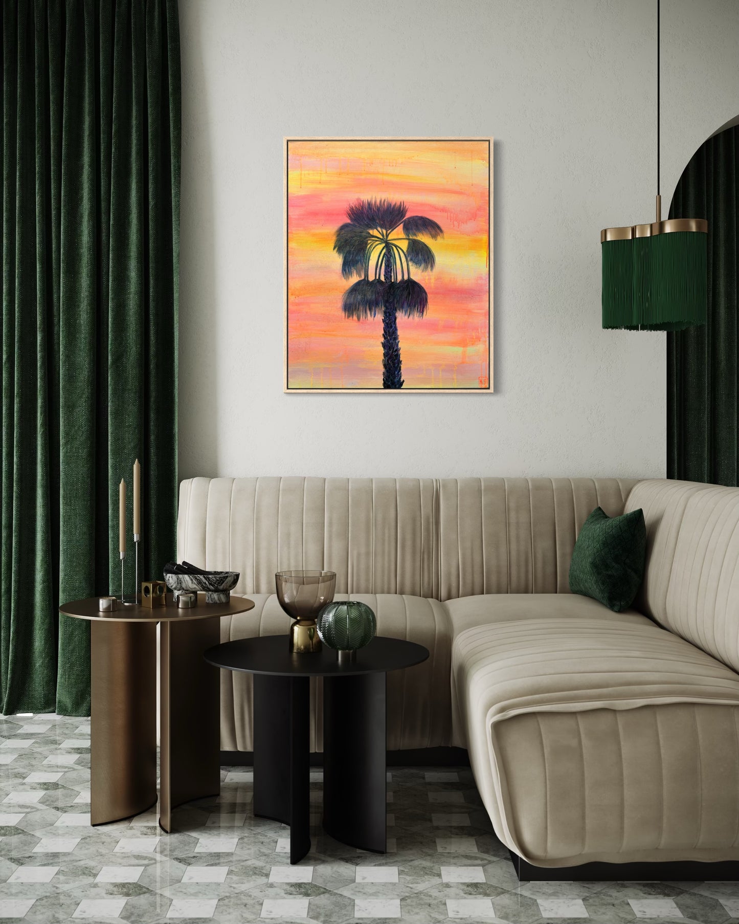 Sunset Solitude art print by Kathryn Sillince, 66cm x 81cm, showcasing a peaceful sunset scene with vibrant colors and tranquil atmosphere.