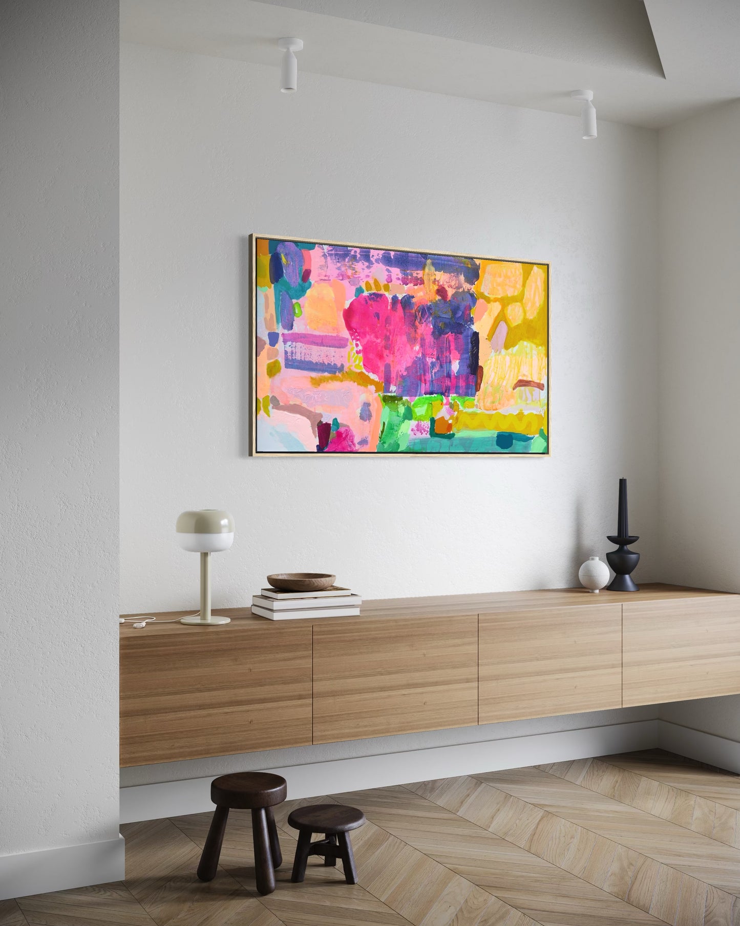 Hotdog artwork by Kathryn Sillince Artist, 102cm x 61.5cm, featuring vibrant colors and abstract design on canvas.
