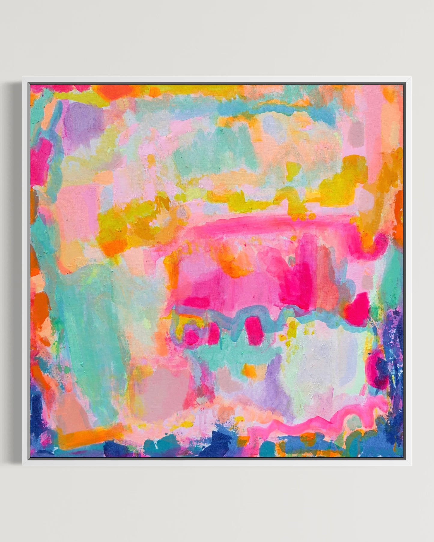 Kathryn Sillince Artist Summer Loving 80cm x 80cm abstract art print with vibrant colors and floral design on white background