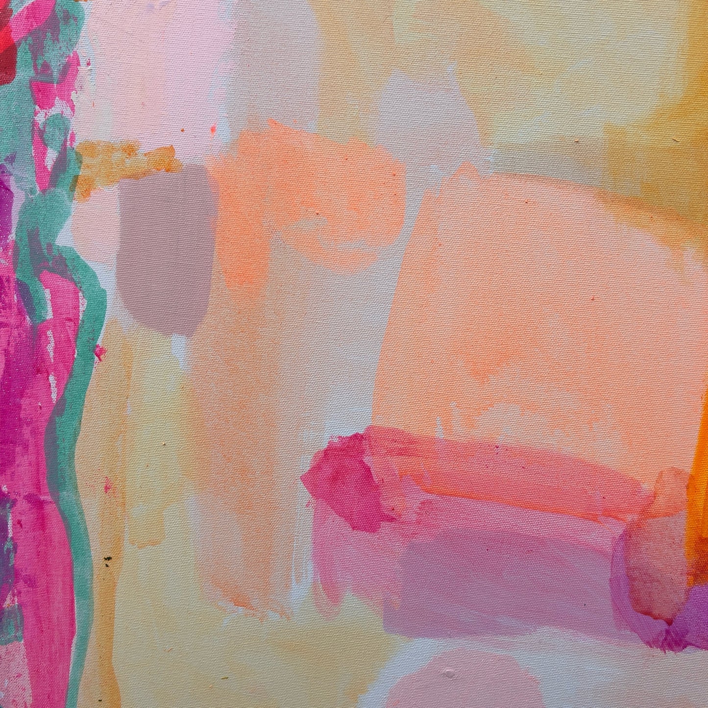Close-up of the "So Many Things To Look Forward To" 90cm x 90cm artwork by Kathryn Sillince Artist with vibrant colors and detailed brushstrokes.