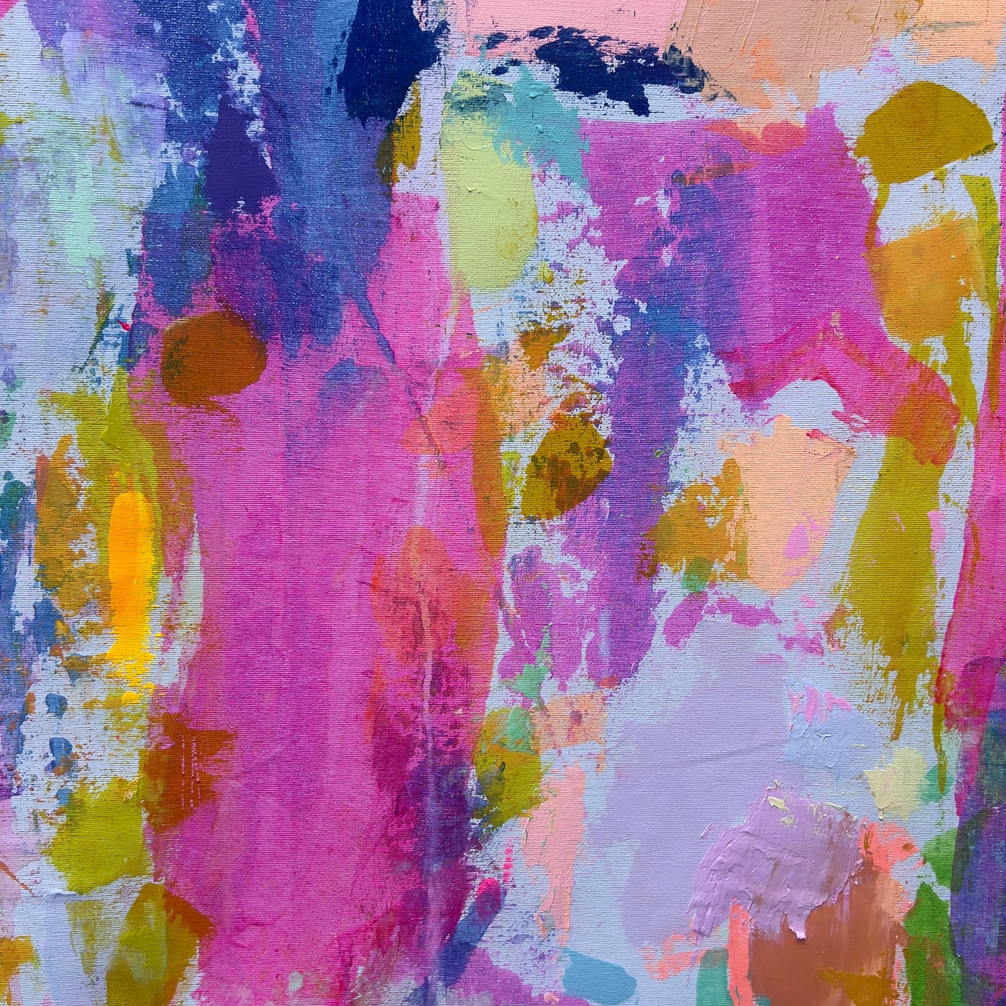 Colorful abstract artwork titled "Everyday Happiness" by Kathryn Sillince, measuring 153cm by 103cm.