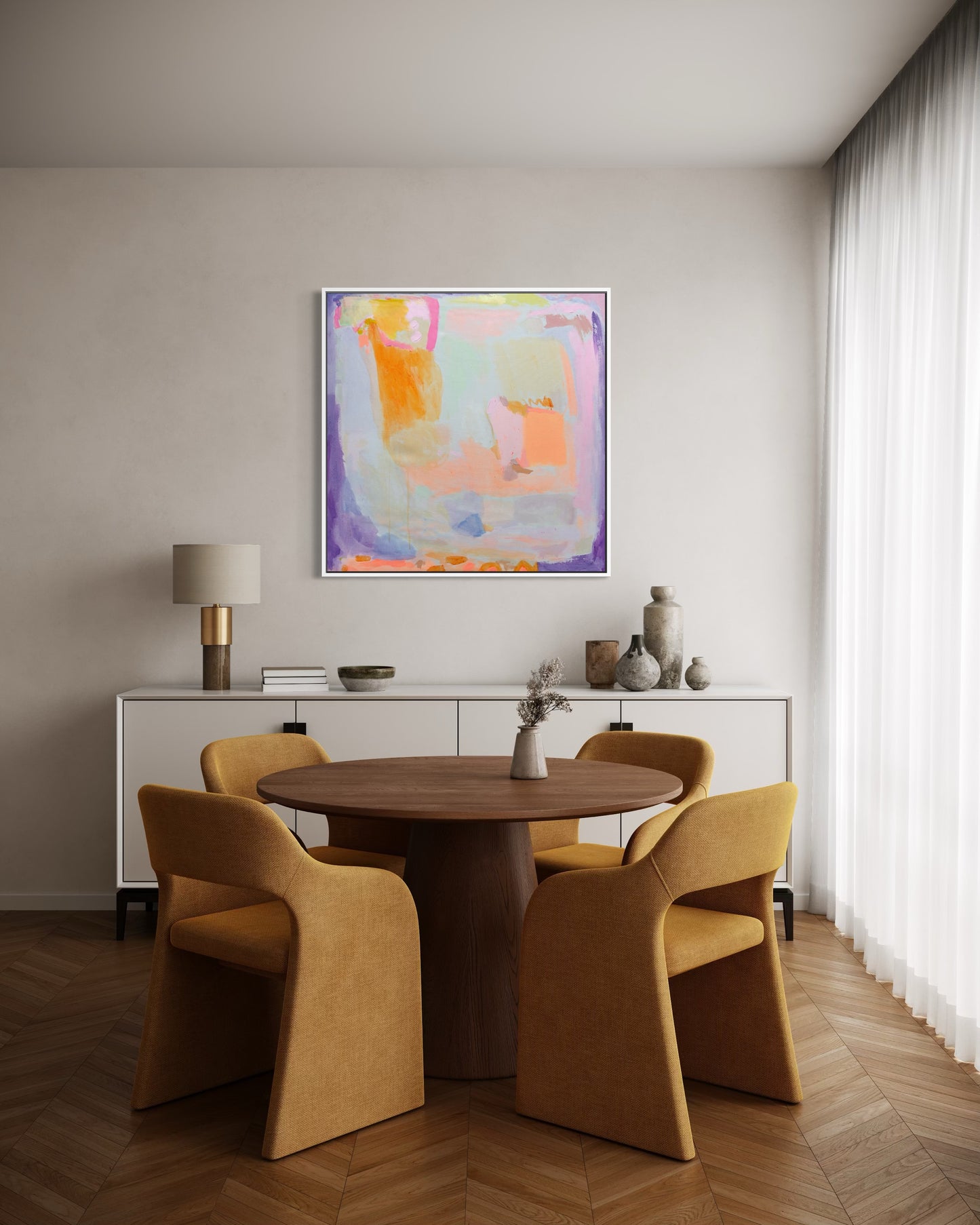 Colorful abstract painting by Kathryn Sillince, Orange and Purple Haze, 92cm x 92cm, featuring vibrant orange and purple hues.