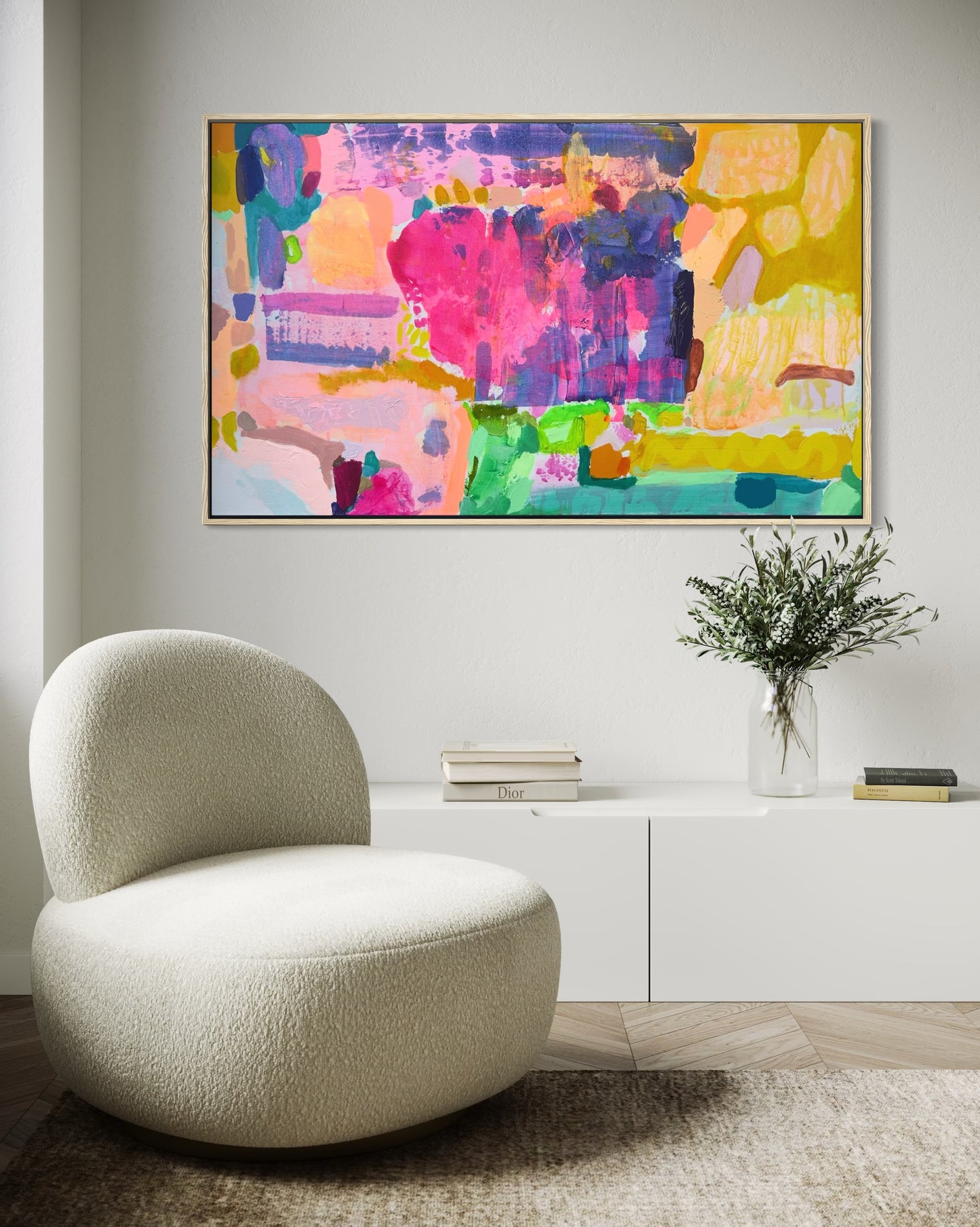 Kathryn Sillince Artist hotdog-themed artwork measuring 102cm by 61.5cm, featuring vibrant colors and detailed illustration.