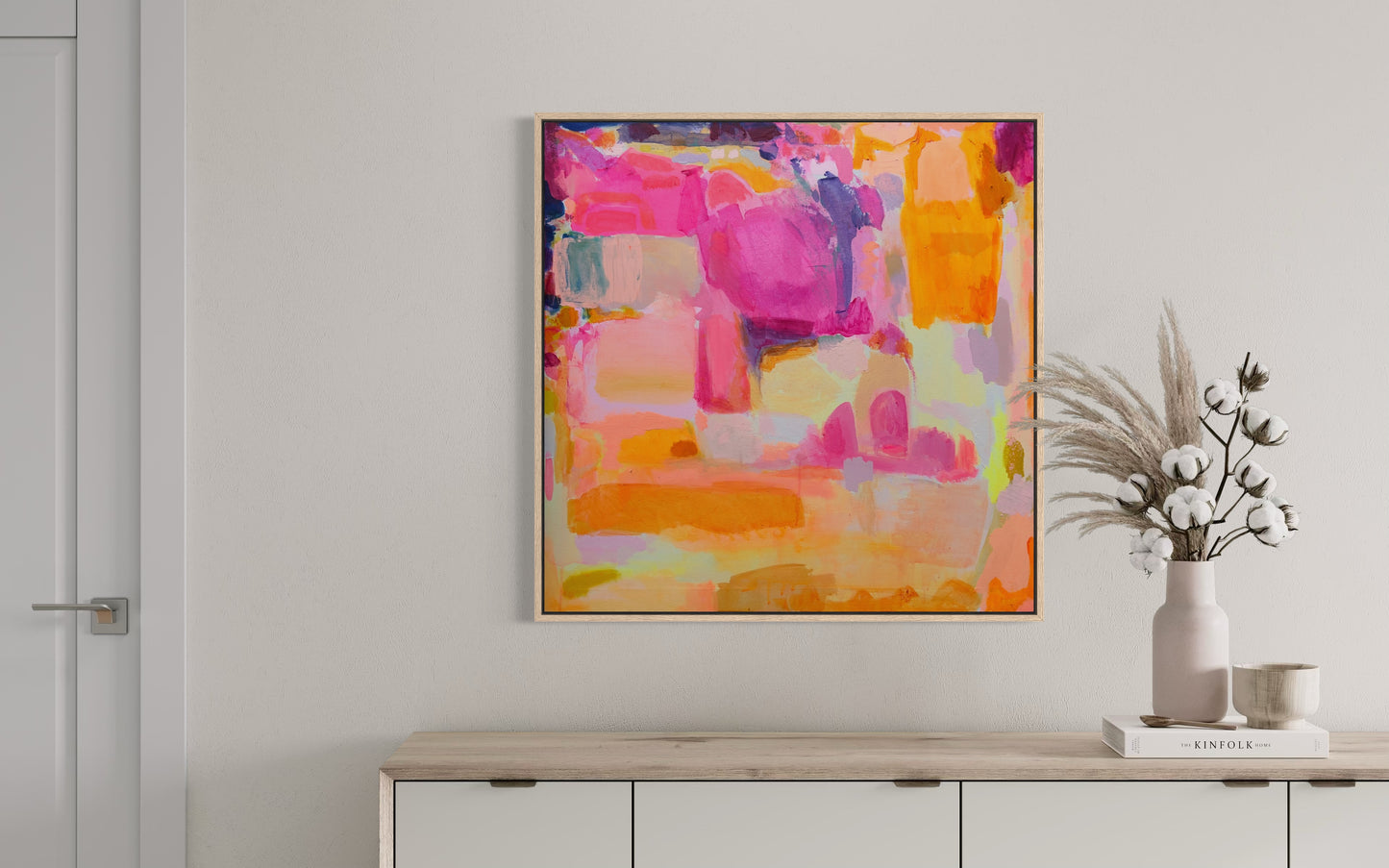 Sunbeams and Daydreams by Kathryn Sillince Artist, 92cm x 92cm abstract artwork showcasing vibrant sunlit scenes.