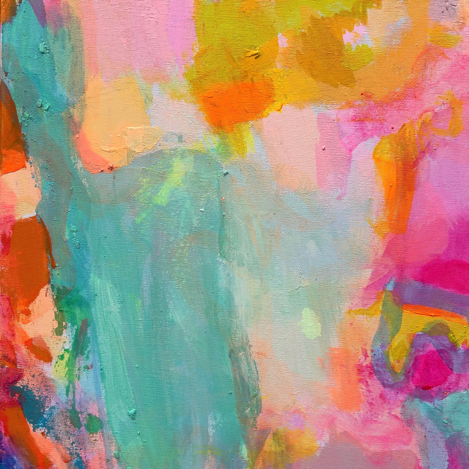 Summer Loving artwork by Kathryn Sillince, 80cm x 80cm, vibrant abstract painting with warm colors and textured brushstrokes.