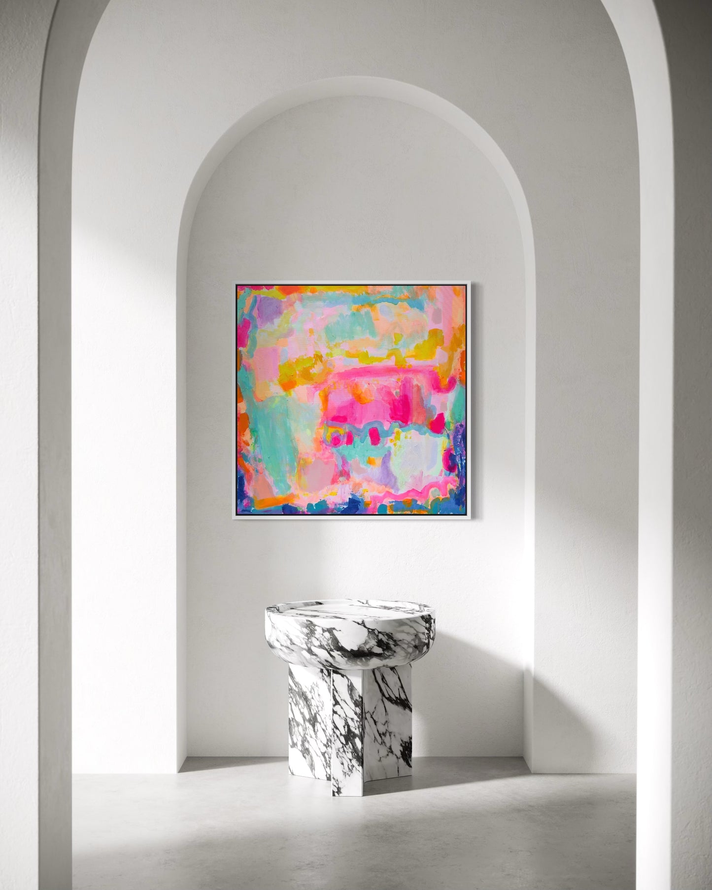Summer Loving 80cm x 80cm artwork by Kathryn Sillince Artist, featuring vibrant colors and floral design in a square format.