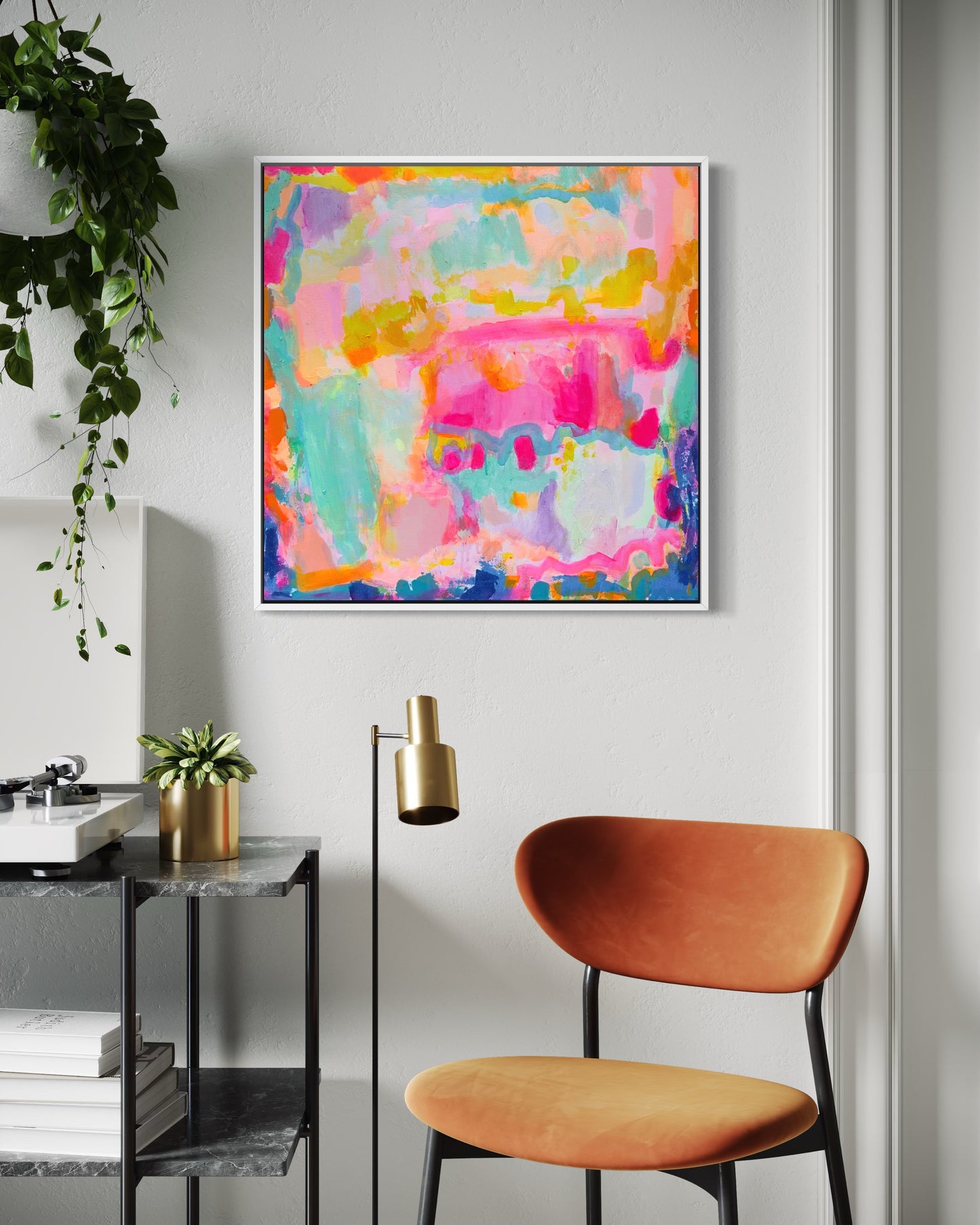 Kathryn Sillince Artist summer-themed artwork, 80cm x 80cm, featuring vibrant colors and abstract floral design.
