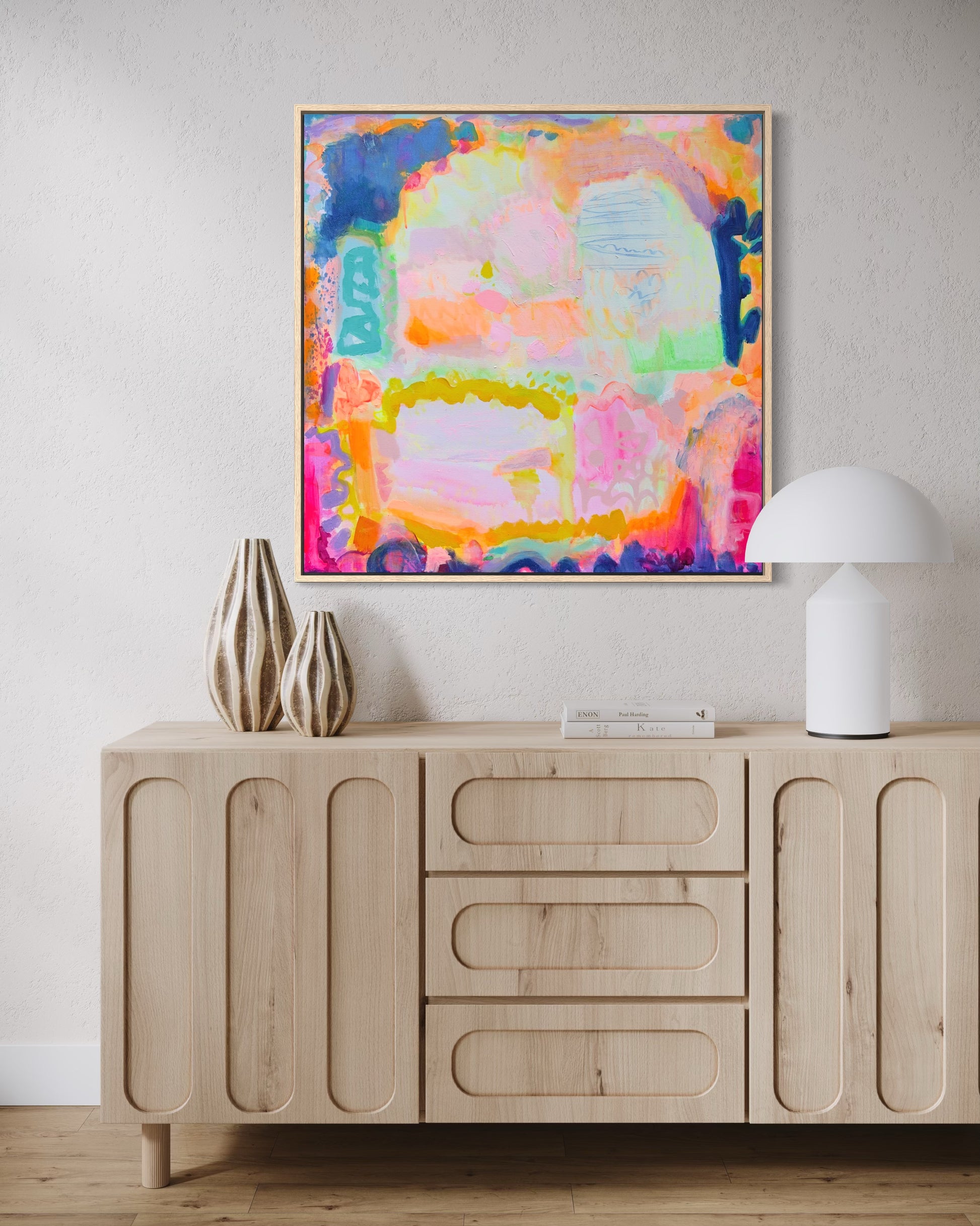 Bright and colorful abstract artwork titled "Ravishing" by Kathryn Sillince Artist, 80cm by 80cm, showcasing vibrant brushstrokes and bold patterns.