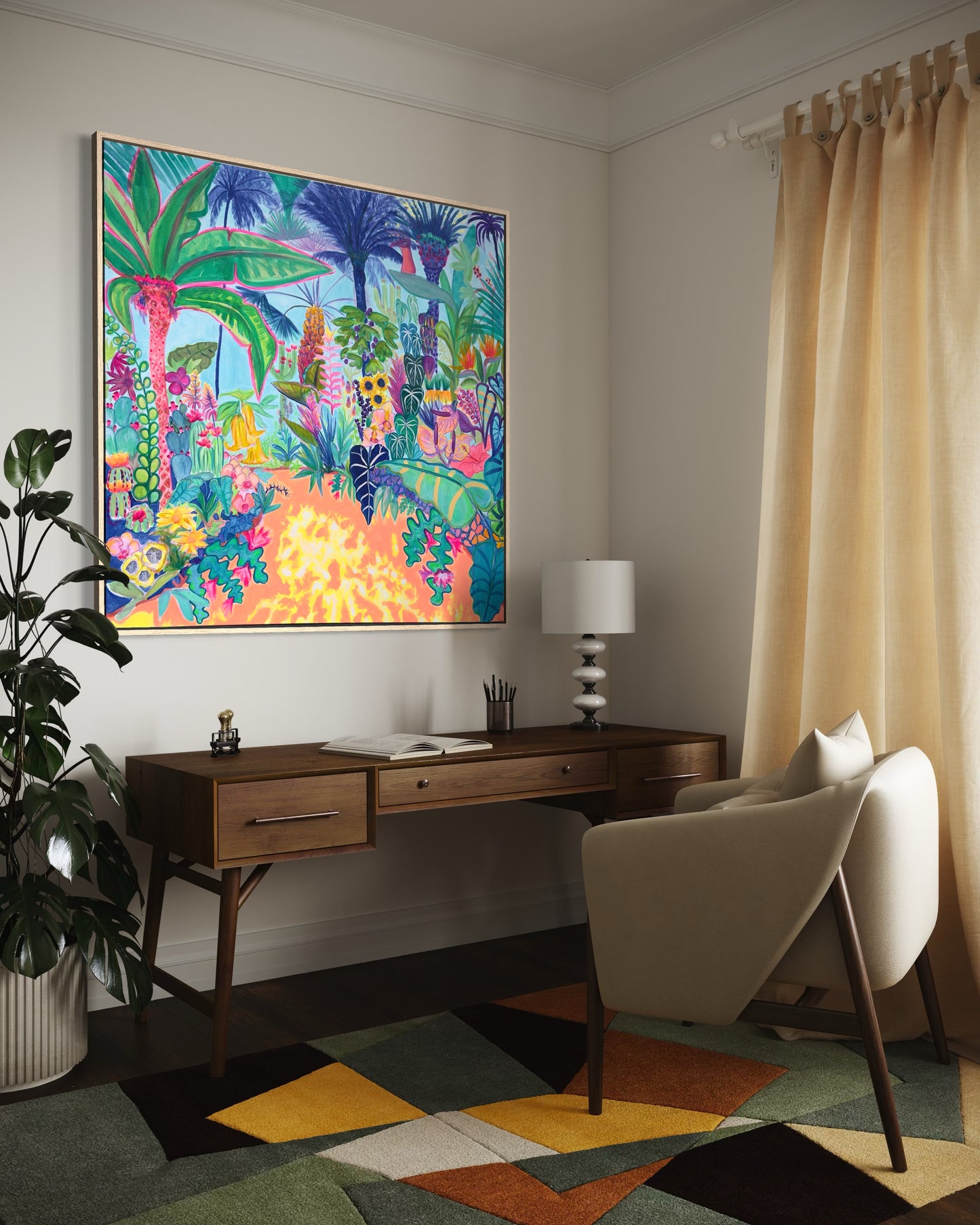 Kathryn Sillince Artist's Paradise Gardens wall art, 122cm x 122cm, featuring vibrant garden scene with lush greenery and colorful flowers.