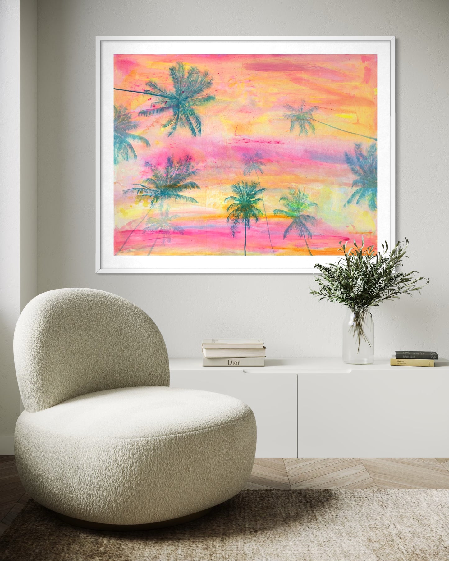 Printed artwork titled "Lie With Me At Sunset" by Kathryn Sillince, depicting a serene sunset scene in soft, warm tones.