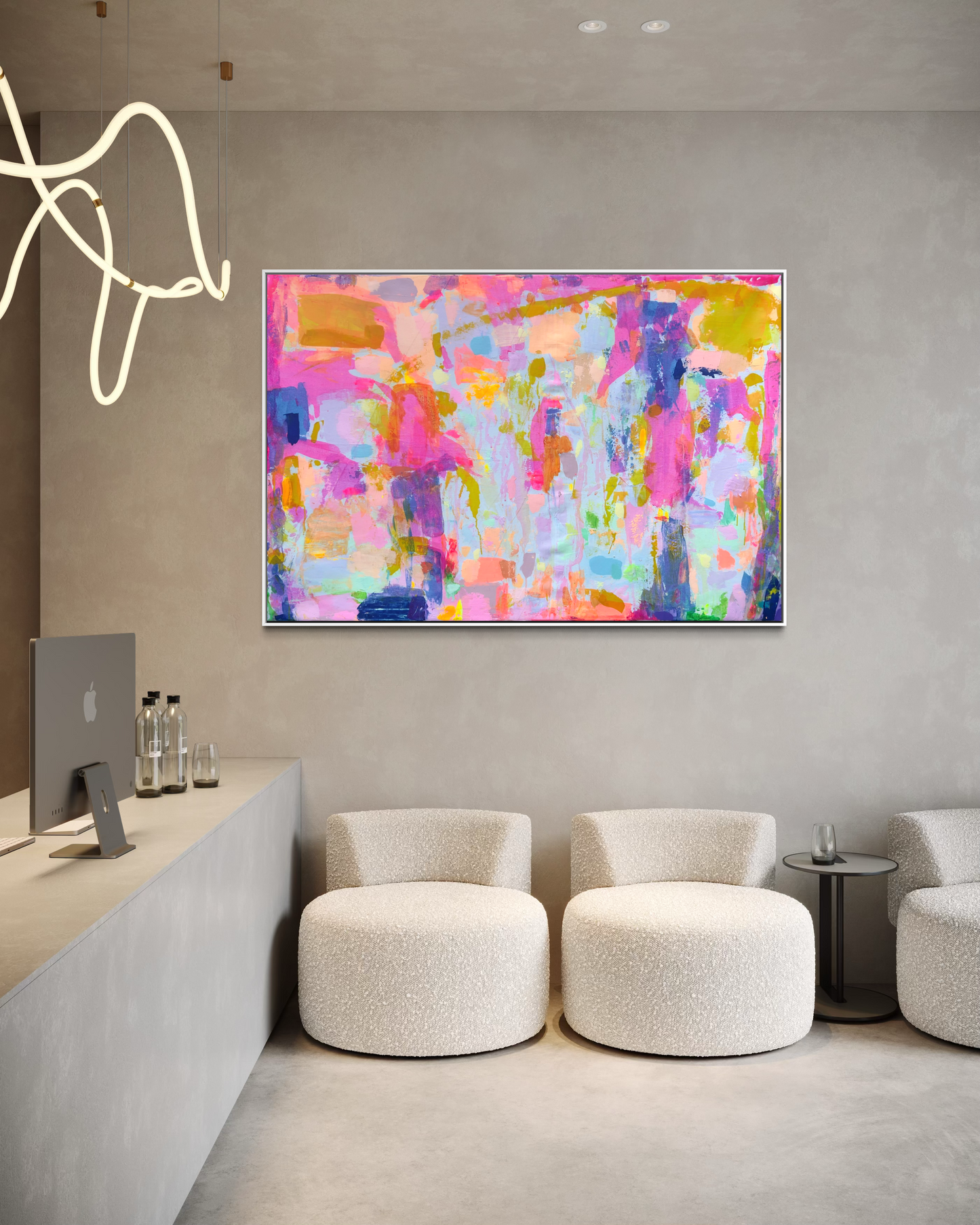 Colorful abstract painting titled "Everyday Happiness" by Kathryn Sillince, showing vibrant brushstrokes in a large canvas artwork.