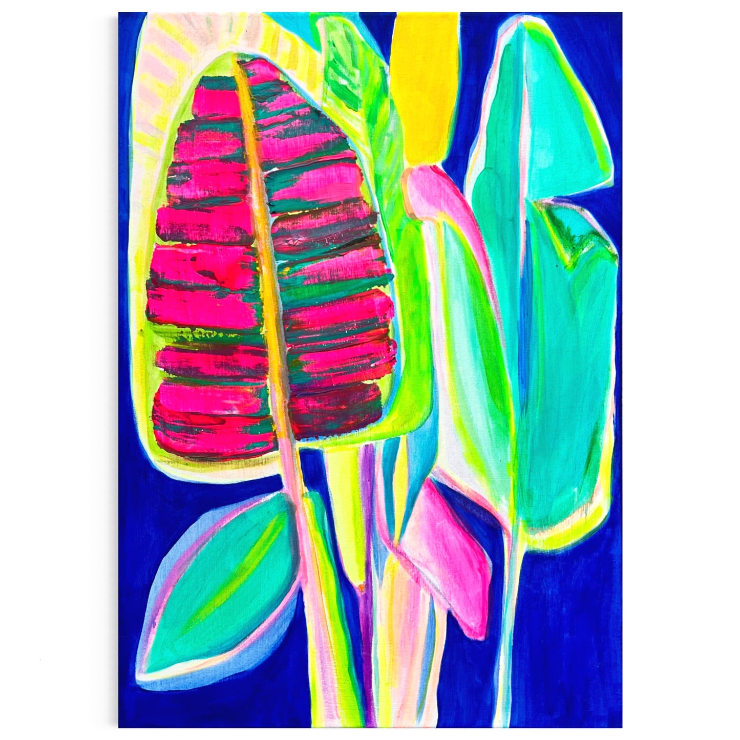 Colorful Banana Blue paper print by Kathryn Sillince Artist featuring vibrant blue and yellow banana illustration.