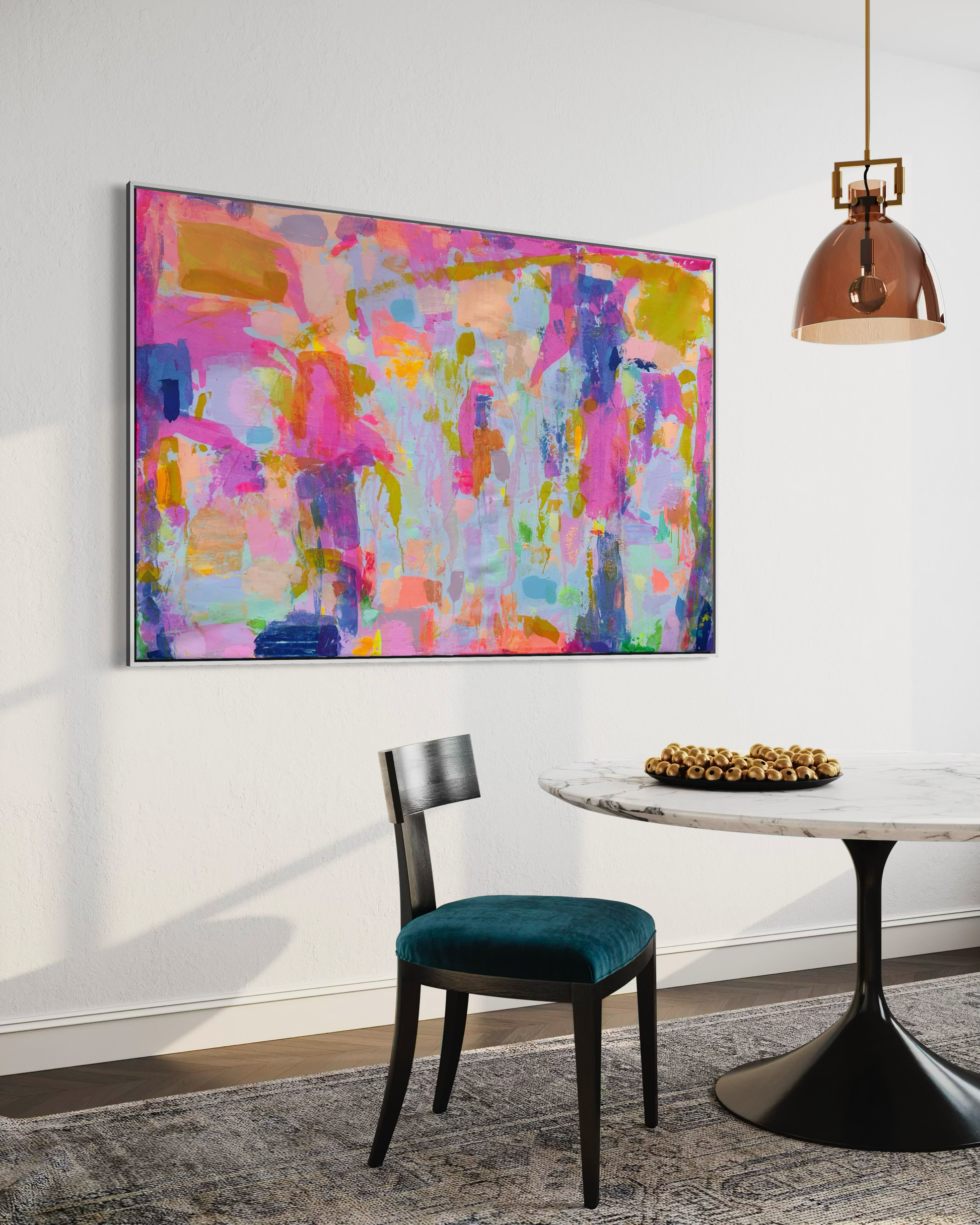 Colorful abstract art print titled 'Everyday Happiness' by Kathryn Sillince, measuring 153cm by 103cm, featuring vibrant brushstrokes.