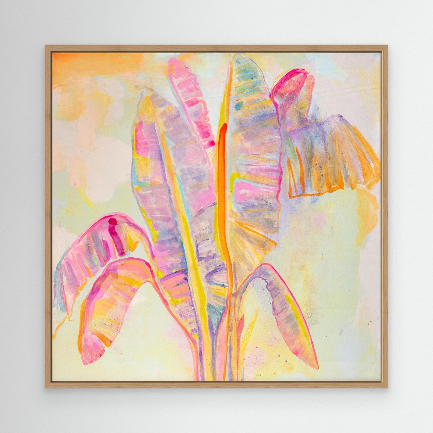 Peachy Banana Dreams canvas print by Printumo featuring vibrant peach and banana illustrations on textured canvas.